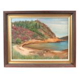 20th century school, coastal scene, with trees on a hillside, oil on board, framed, 39 by 29cm.