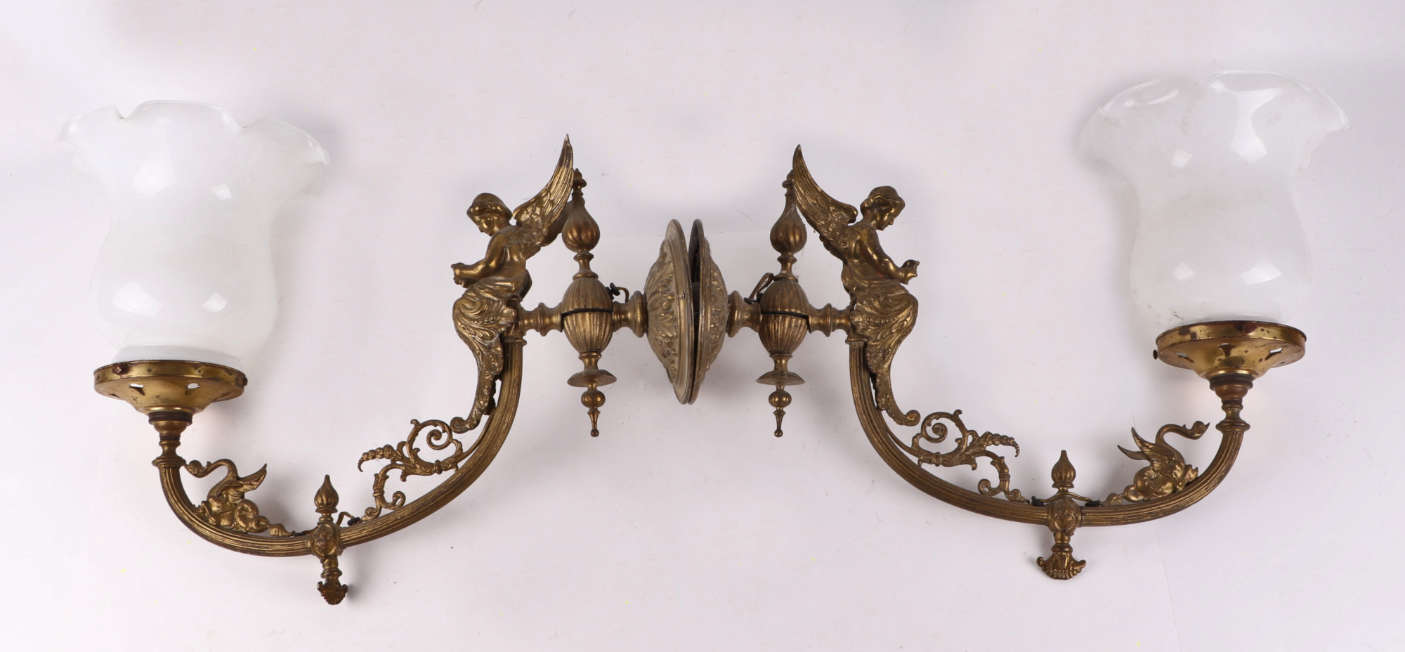 A pair of 19th century French gilt metal angel gasoliers (converted to electric), with opaque milk