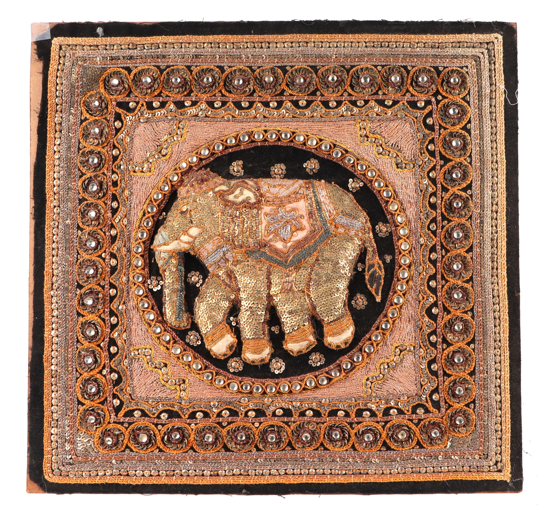 A group of four Indian needlework panels, depicting elephants and mythical creatures, each approx 39 - Image 5 of 6