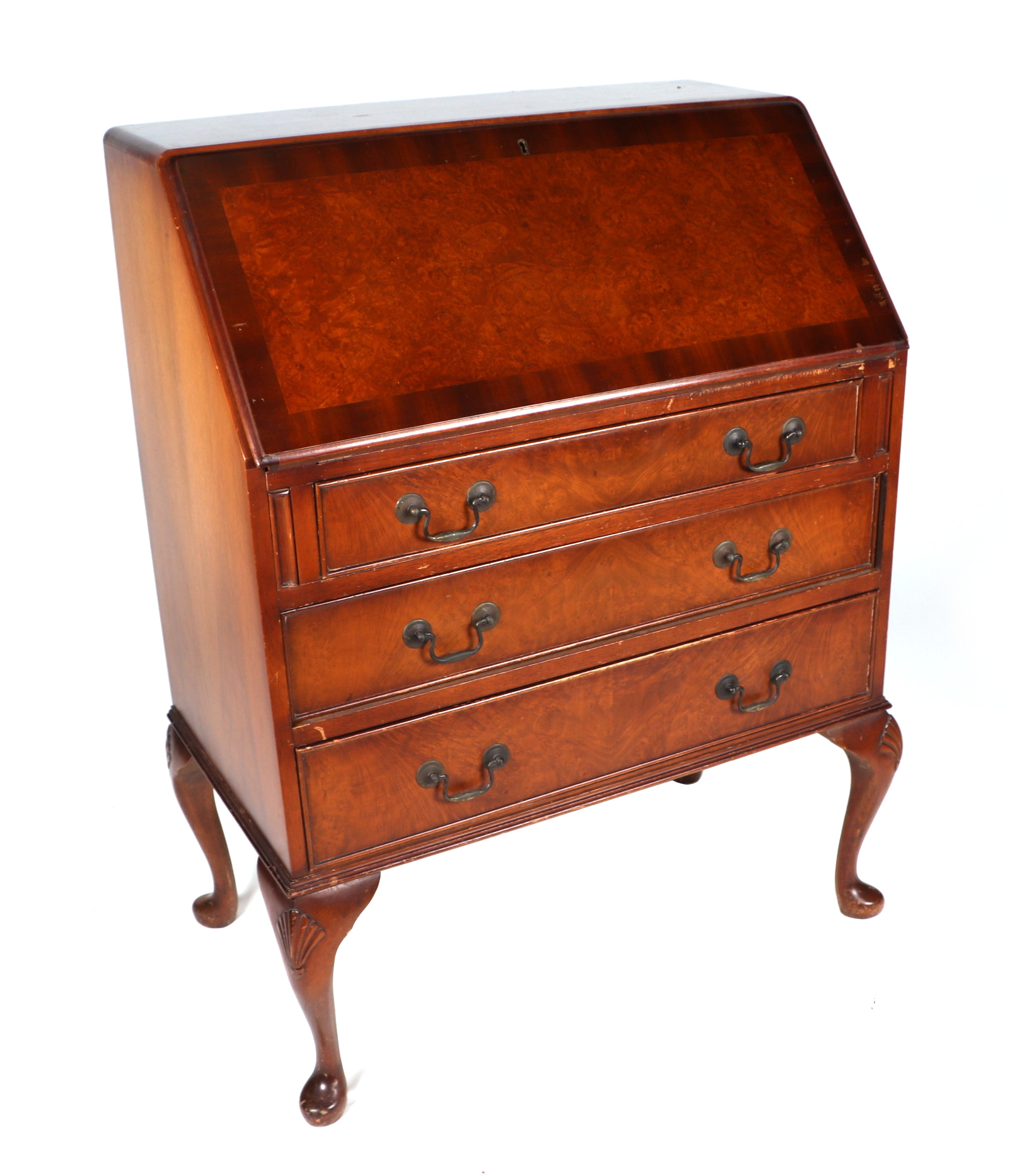 A Queen Anne style walnut bureau, having a fall front above three graduated long drawers, on - Image 2 of 3