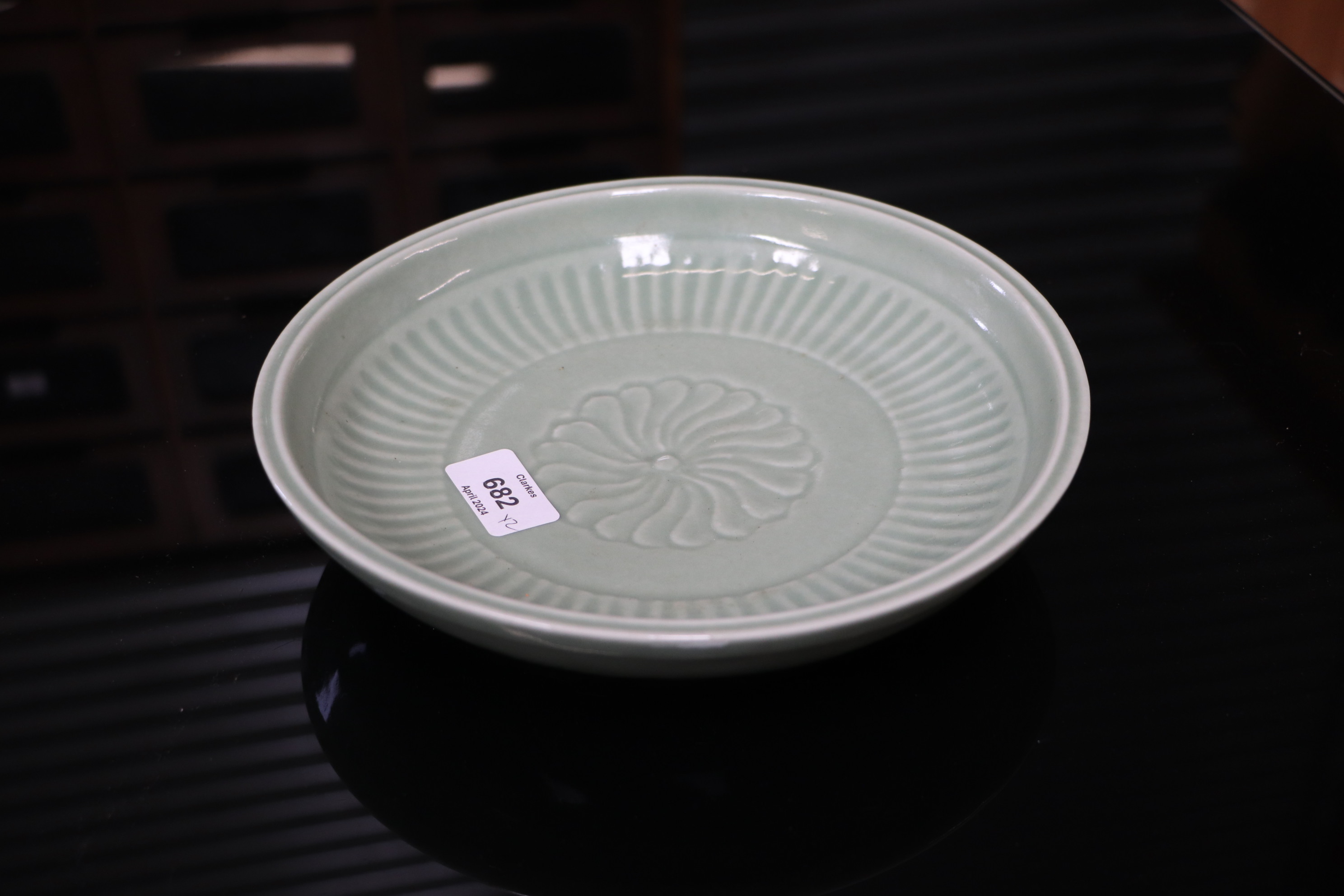 A Chinese celadon glaze shallow dish, with six character blue marks to the underside, 26cm diameter, - Image 6 of 10