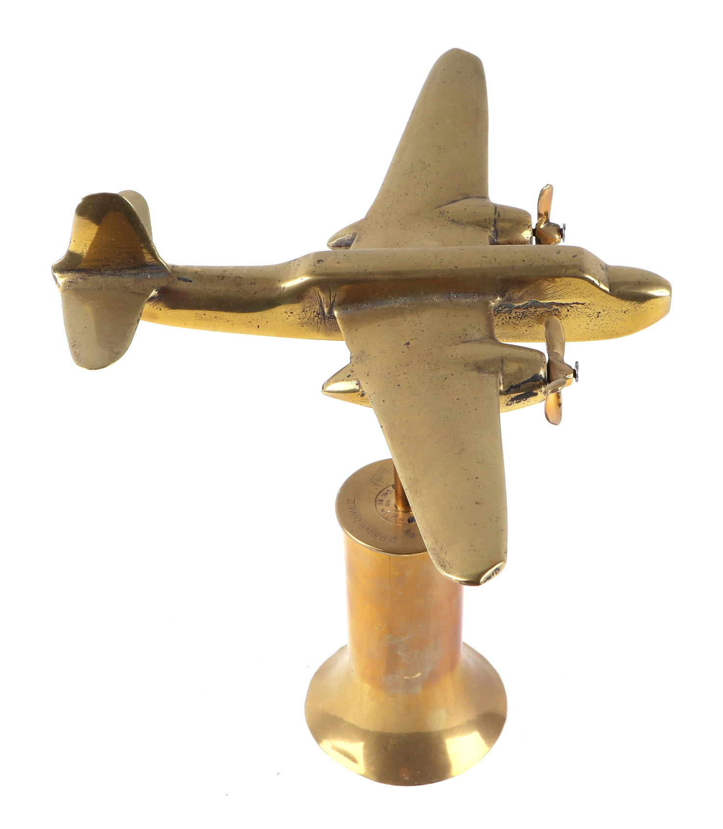 A trench art cast brass model of twin engine aircraft, mounted on a brass plinth, wingspan 26cm. - Image 2 of 2