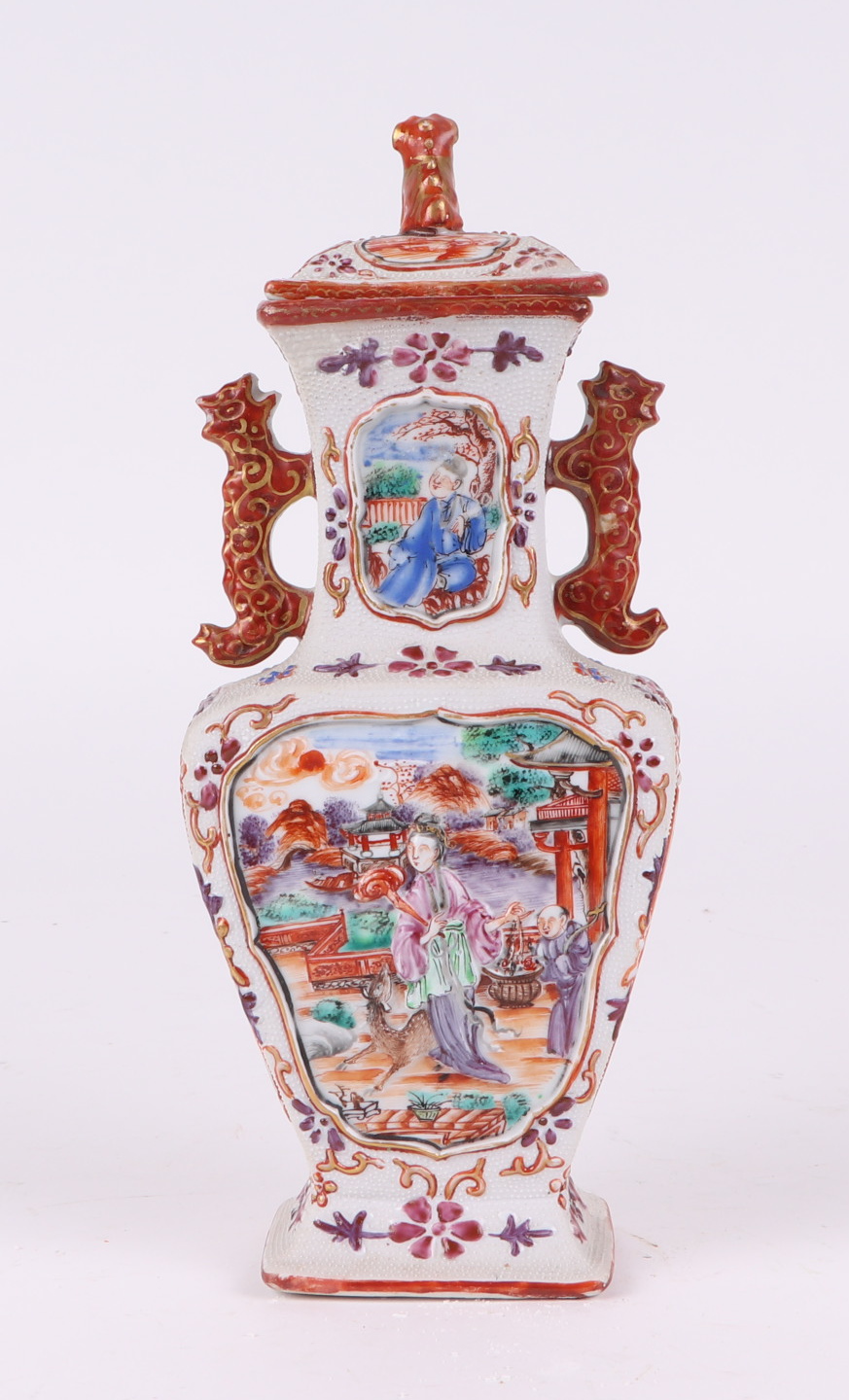 A pair of Chinese Mandarin palette famille rose Export vases and covers moulded in relief with - Image 13 of 25