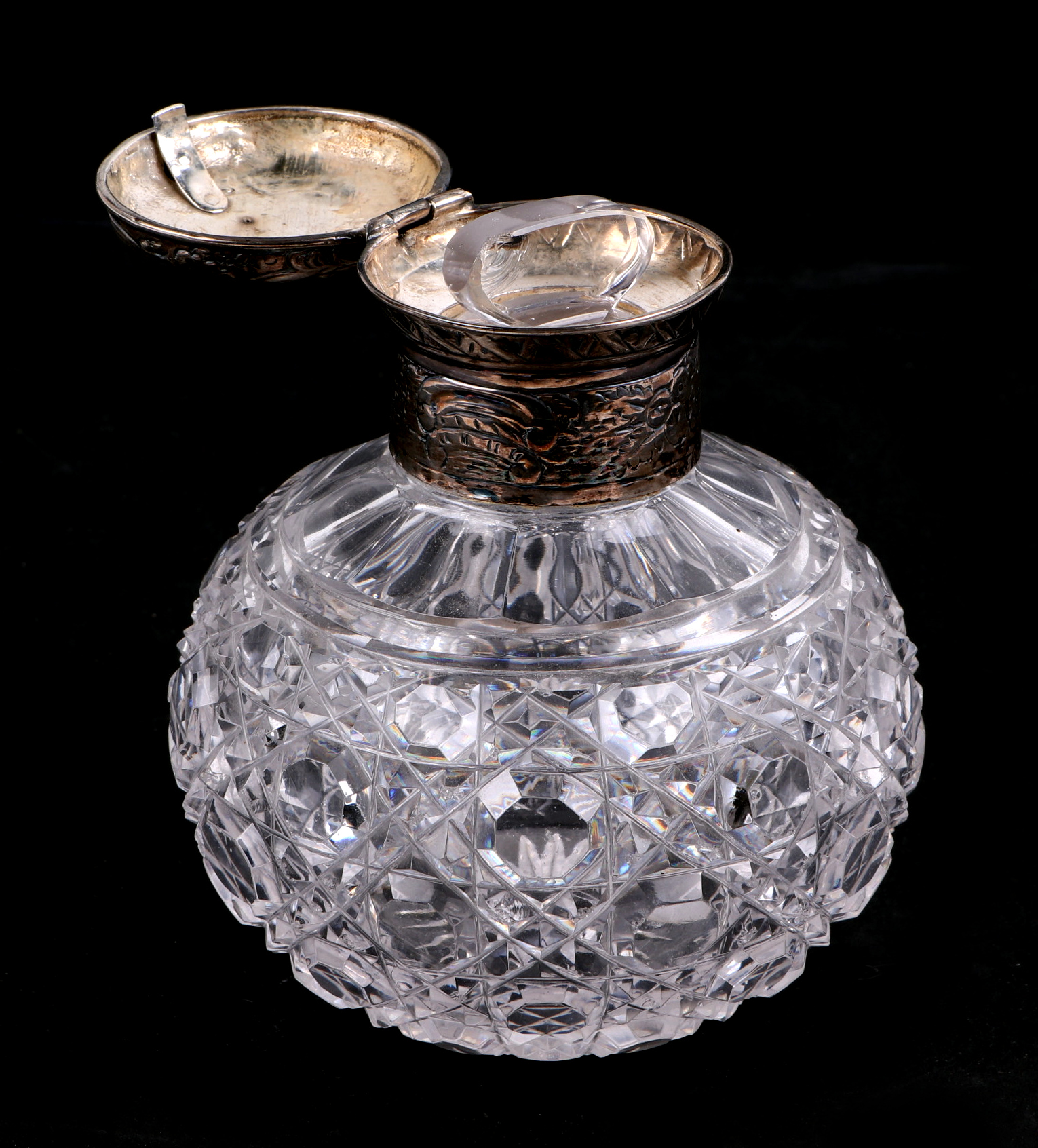 A white metal topped cut glass scent bottle of globular form, 11cm high. - Image 3 of 3
