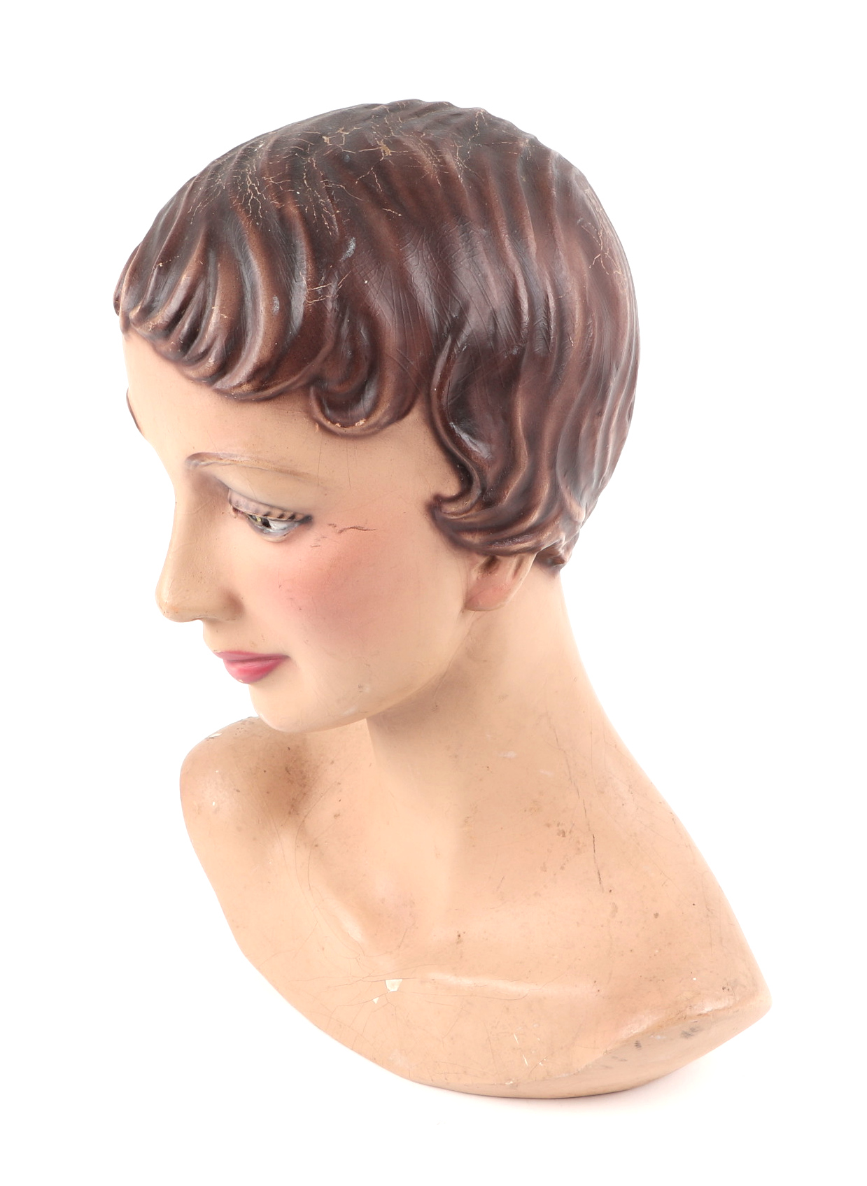 A 1950s French Jewellery's shop mannequin head, composition (gutta percha), with original finish, - Image 3 of 6