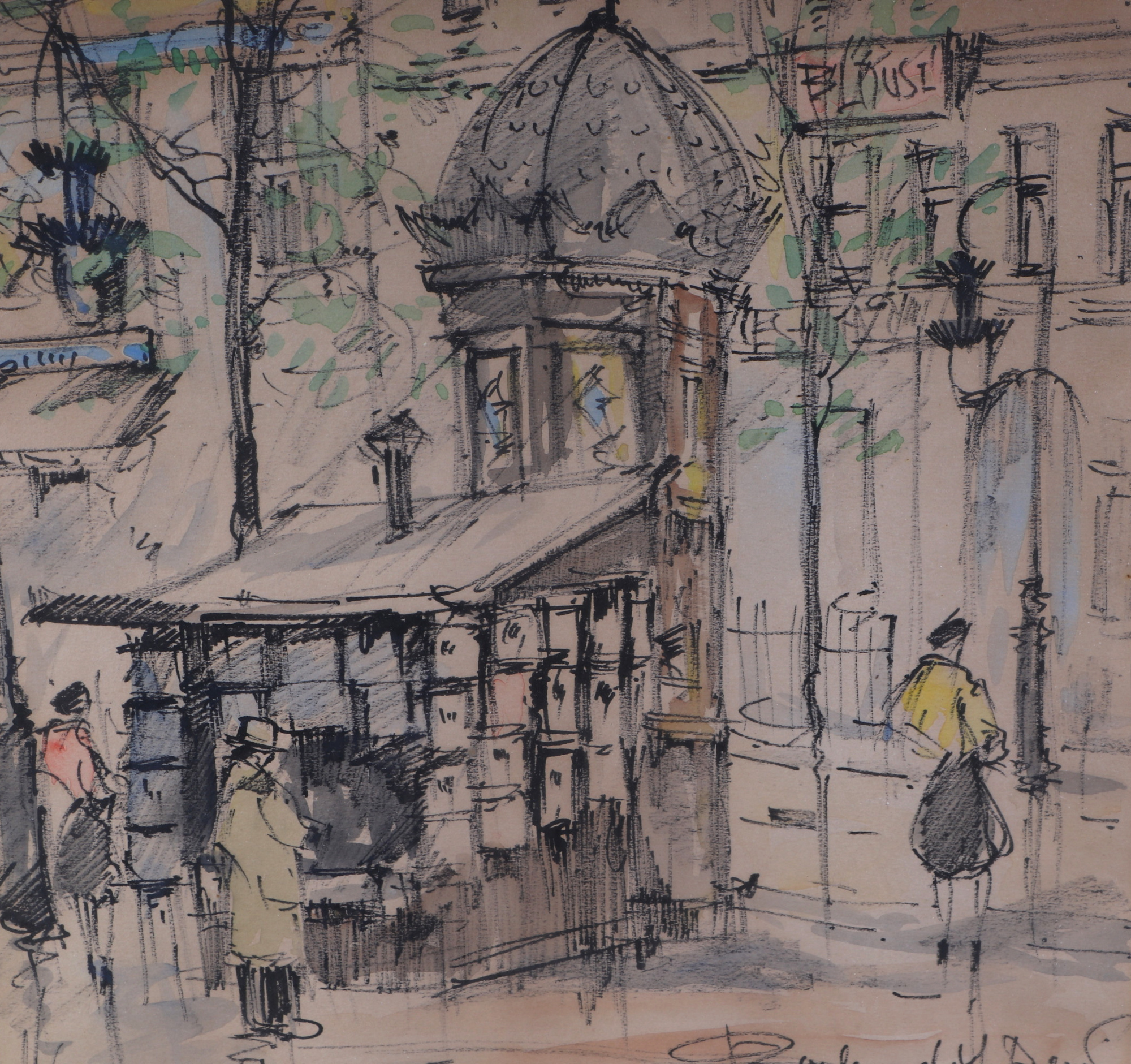 Continental school 20th century, a set of three Parisian street scene, pen and ink with pastel - Image 7 of 13