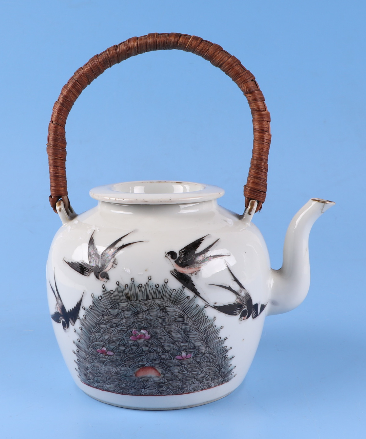 A Chinese famille rose teapot, decorated butterflies, swallows and flowers, and having a red seal - Image 7 of 12