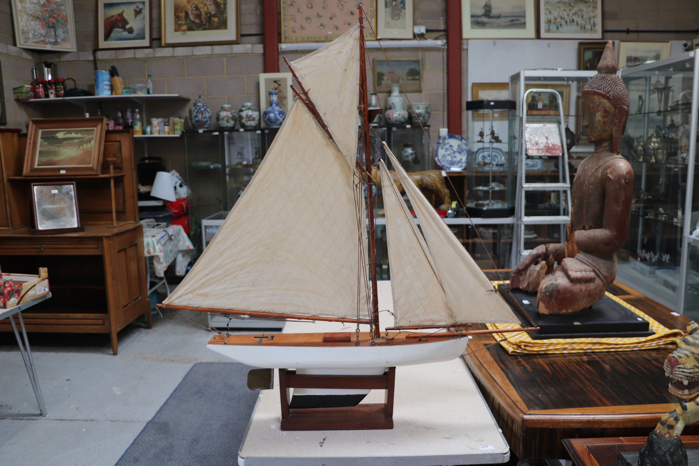A pond yacht, having a painted hull, 72cm long, mounted on a stand. Condition Report Looks to be - Image 10 of 14