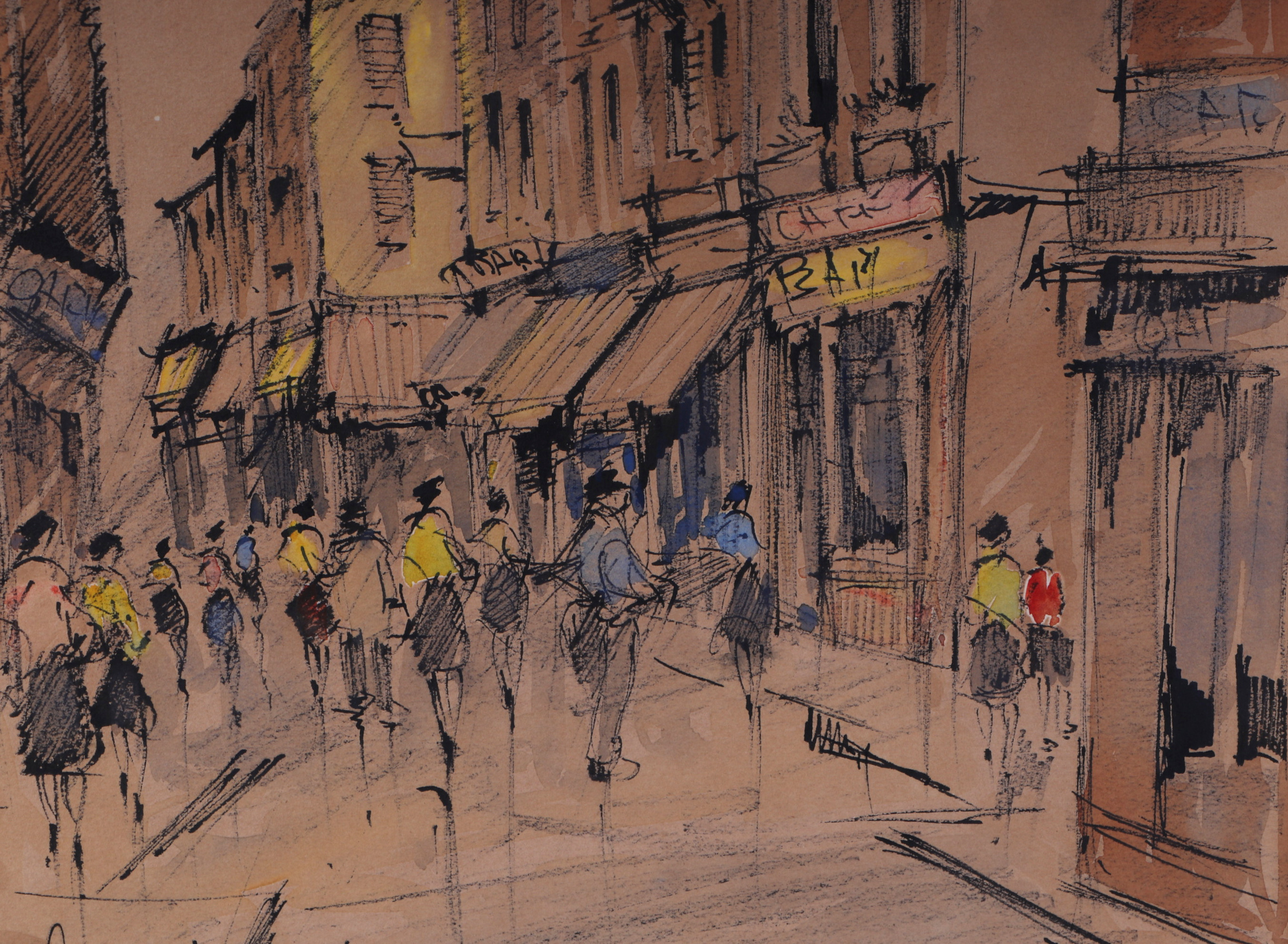 Continental school 20th century, a set of three Parisian street scene, pen and ink with pastel - Image 11 of 13