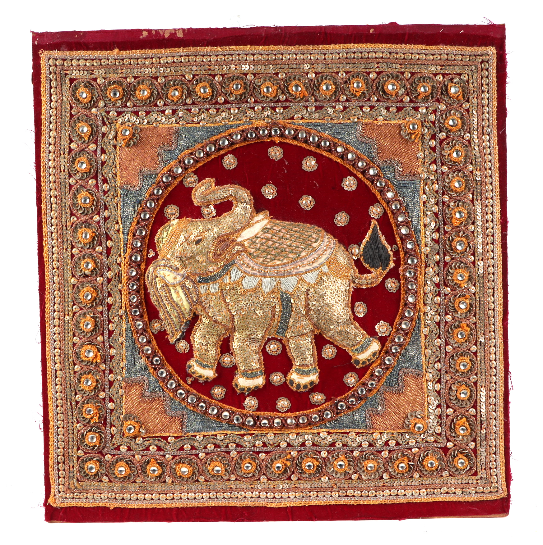 A group of four Indian needlework panels, depicting elephants and mythical creatures, each approx 39 - Image 2 of 6