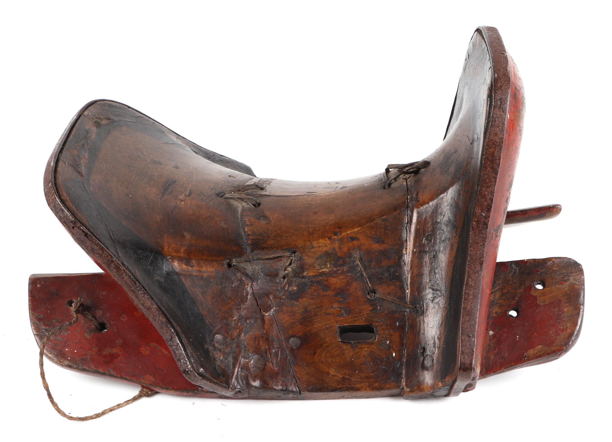 A Tibetan carved wood and polychrome decorated saddle with iron strapwork and original painted - Image 3 of 4