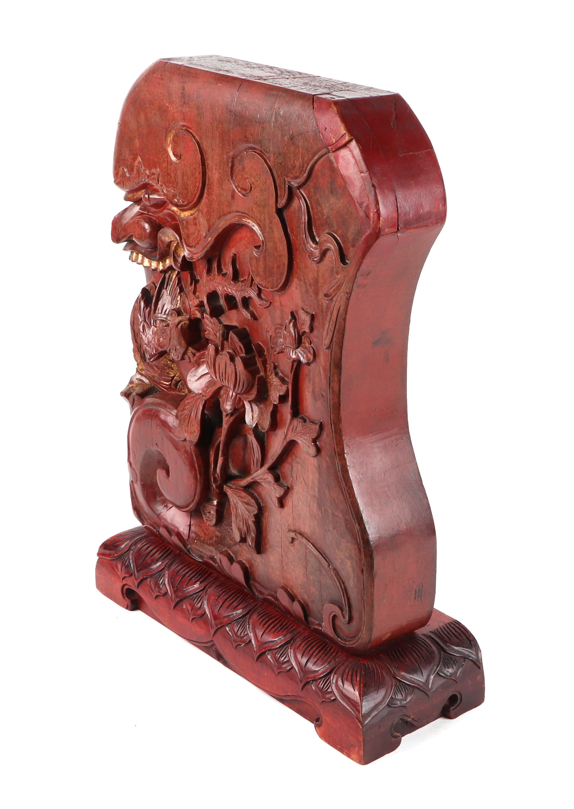 Chinese red lacquered carved wooden sculpture depicting a grotesque mask, bird & flower, approx 43cm - Image 2 of 2