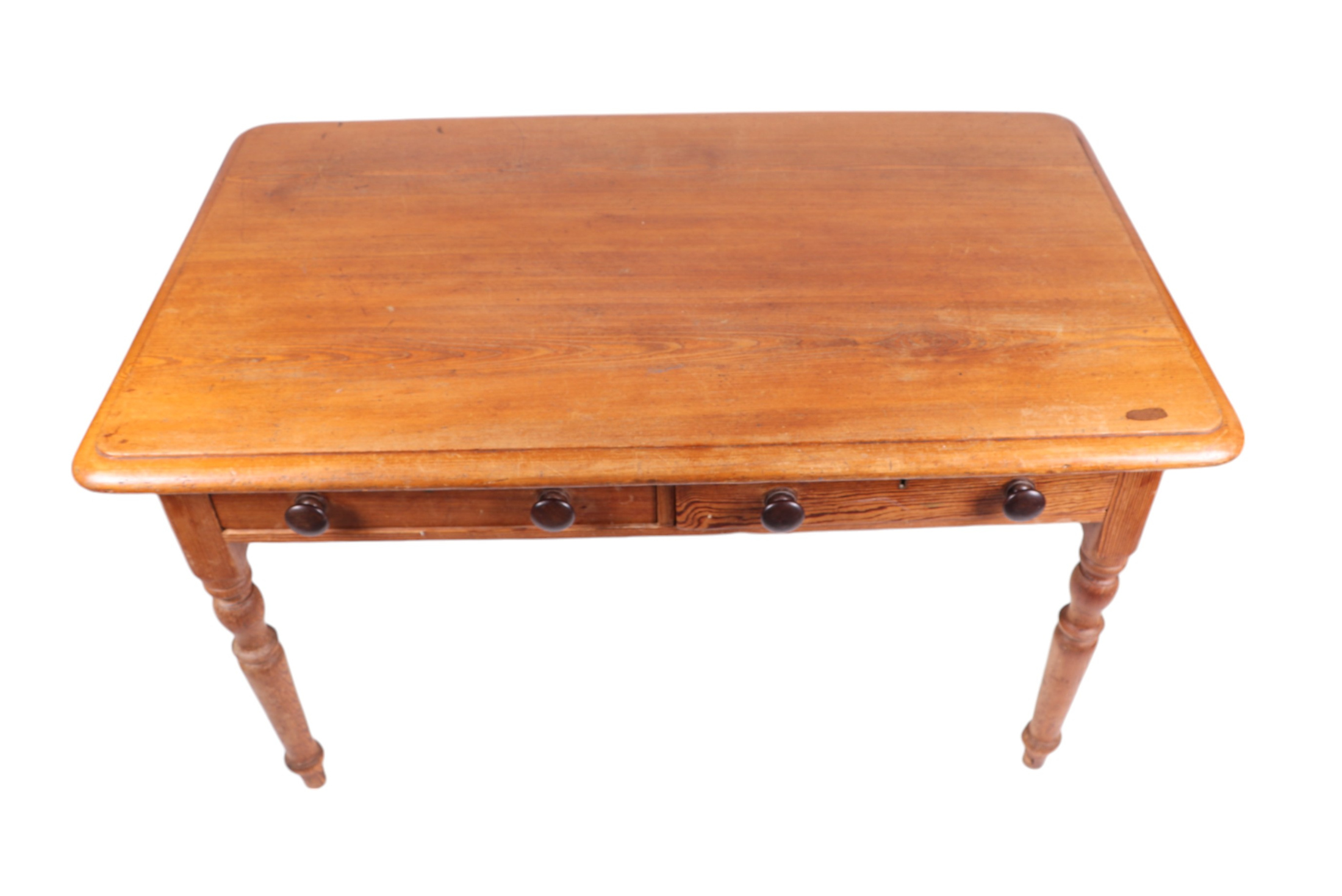 A Victorian pitch pine kitchen tale, the rectangular top on ring turned tapering legs, 138cms wide. - Image 2 of 3