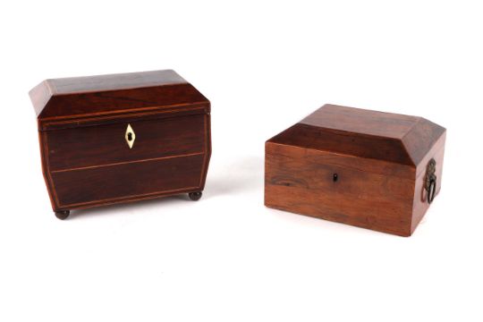 A Regency rosewood two-division tea caddy on brass ball feet, 19cms wide; together with a rosewood - Image 1 of 5