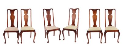 A set of six Queen Anne style Indian hardwood dining chairs with vase shaped back splats, drop-in