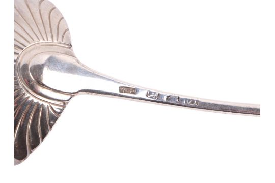 A George III silver ladle with shell shaped bowl, indistinct London hallmarks and makers mark for - Image 3 of 4