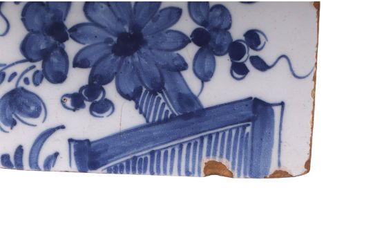 A mid 18th century English Delft flower brick decorated with a fence, flowers and leaves, 16cms - Image 10 of 11