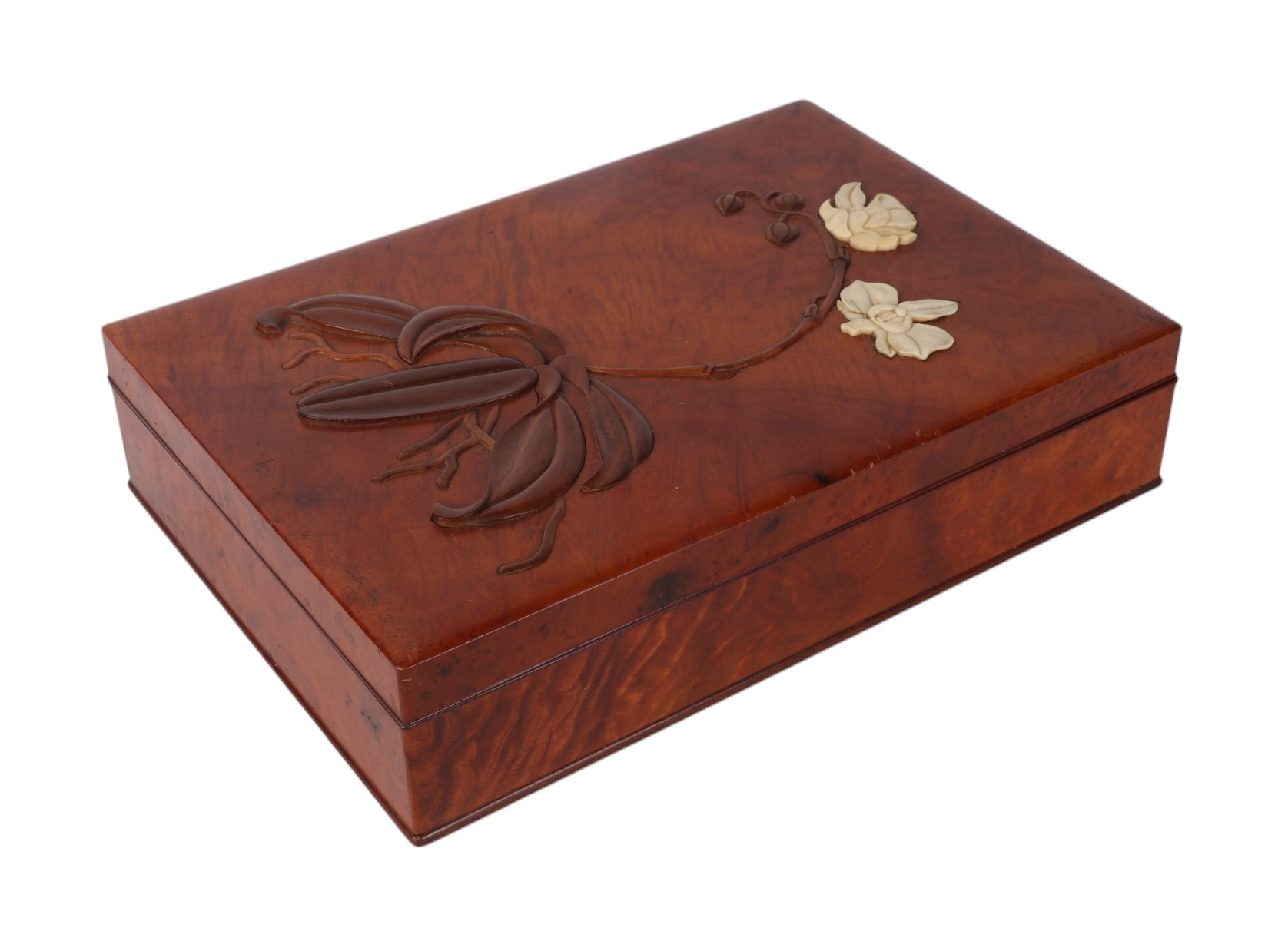 A late 19th / early 20th century Japanese Meiji period burr wood box and cover inlaid with ivory