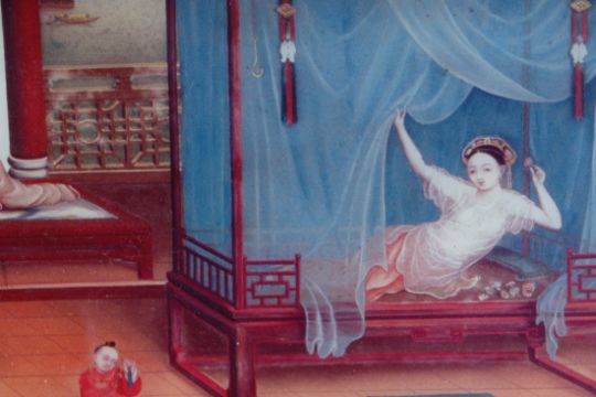 A Chinese reverse decorated silvered mirror picture depicting a boudoir scene, framed, 40 by - Image 3 of 4