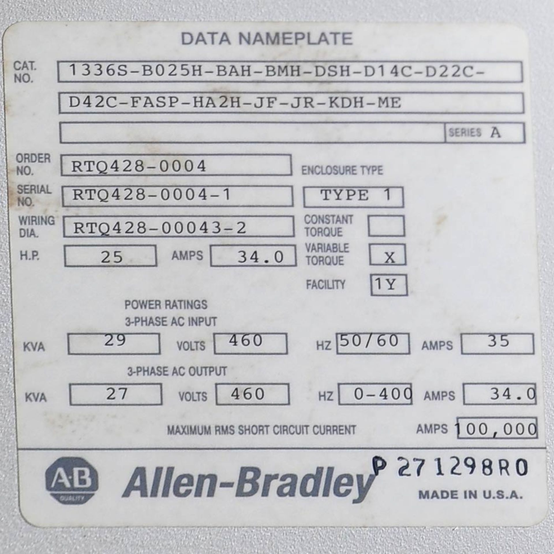 Allen-Bradley 20HP VFD Motor Drive with Bypass Cabinet 1336S-B025H/1336S-B020 - Image 12 of 12