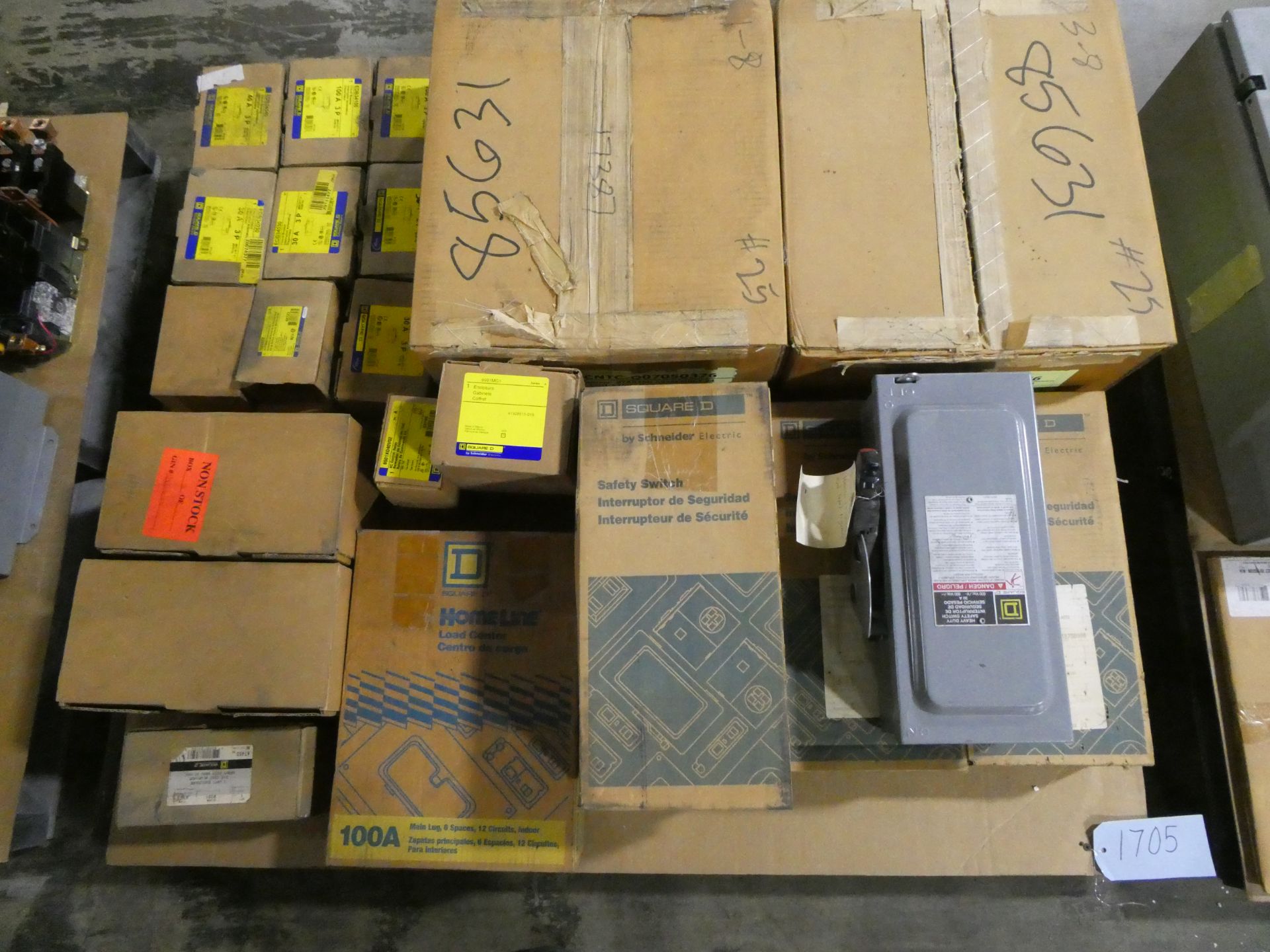 Pallet of Square D Safety Switches, Circuit Breakers, VDC Coils and Components