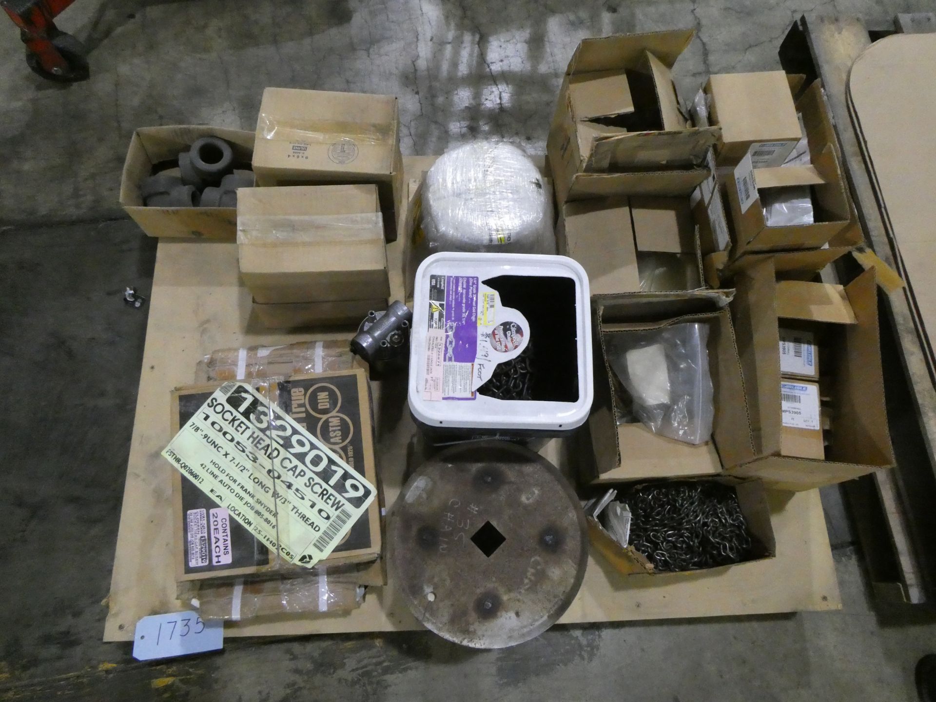 Pallet of Pipe Fittings, Fasteners and Chain
