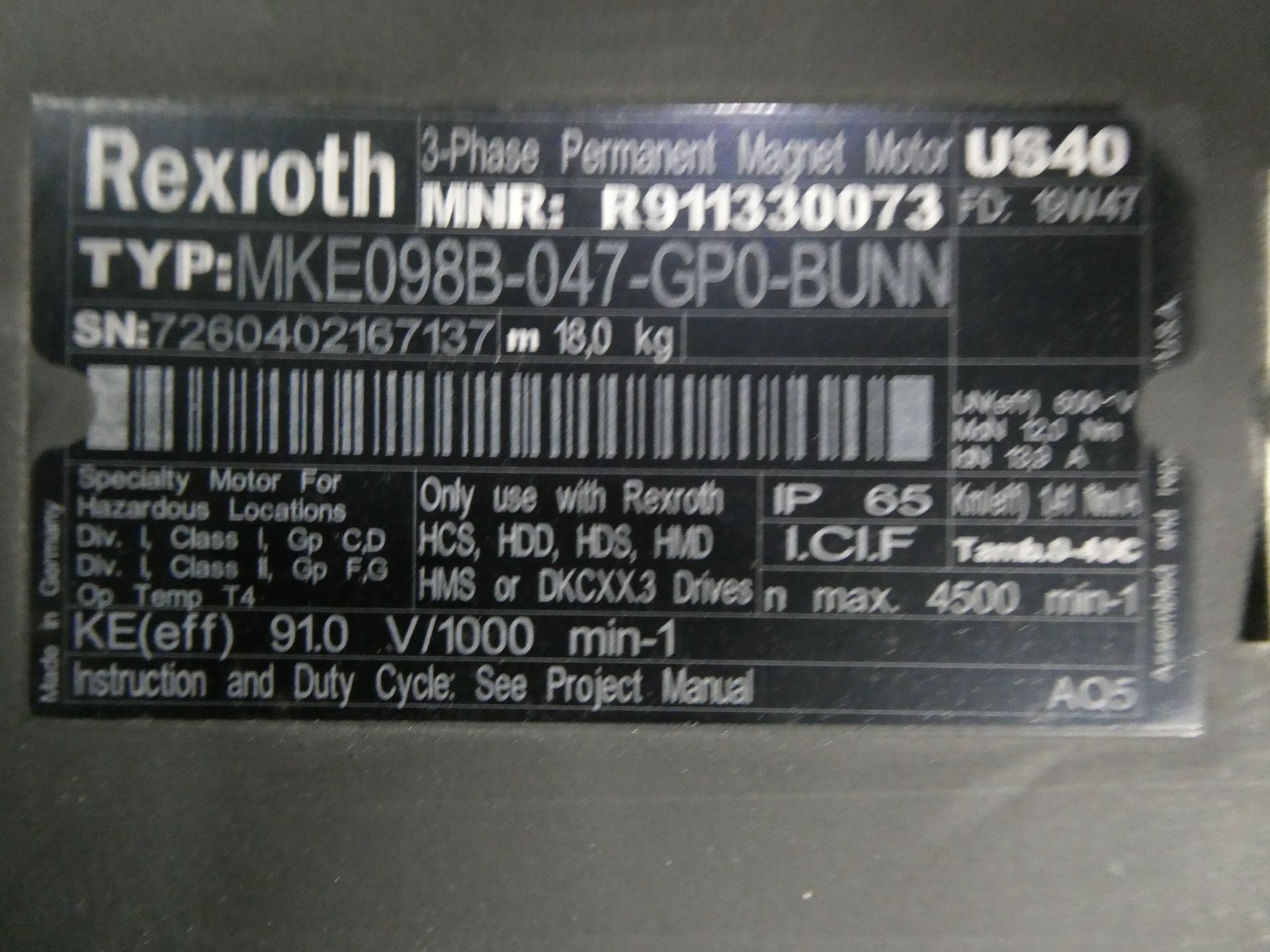 Rexroth 3-Phase permanent Magnet Servo Motor w/ Encoder - Image 2 of 4