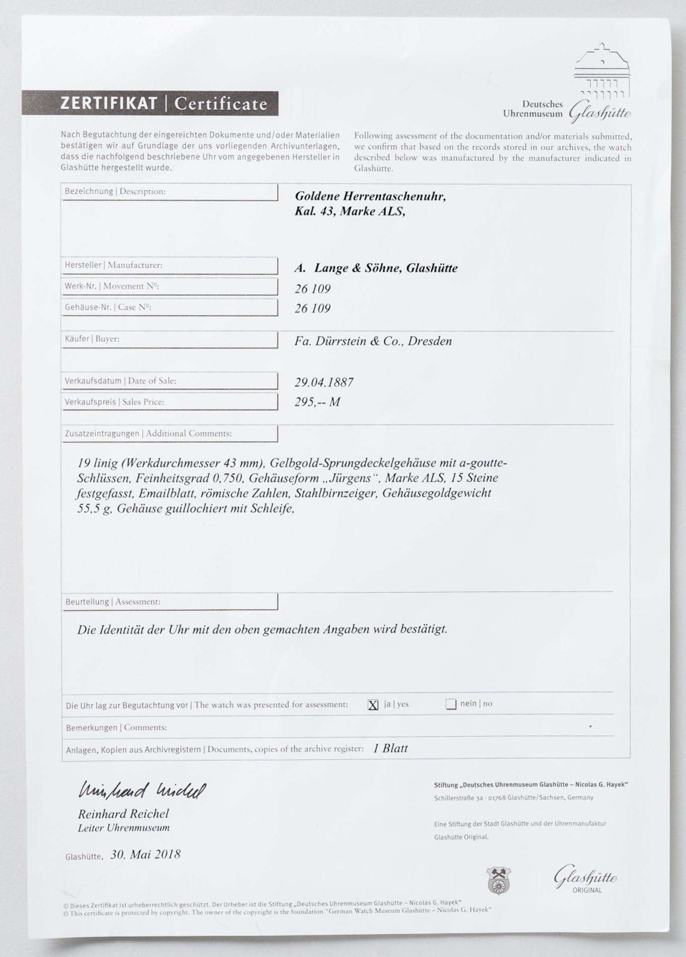 A. Lange & Söhne Taschenuhr drei Deckel in 750er Gold Box & Zertifikat - Bild 12 aus 12