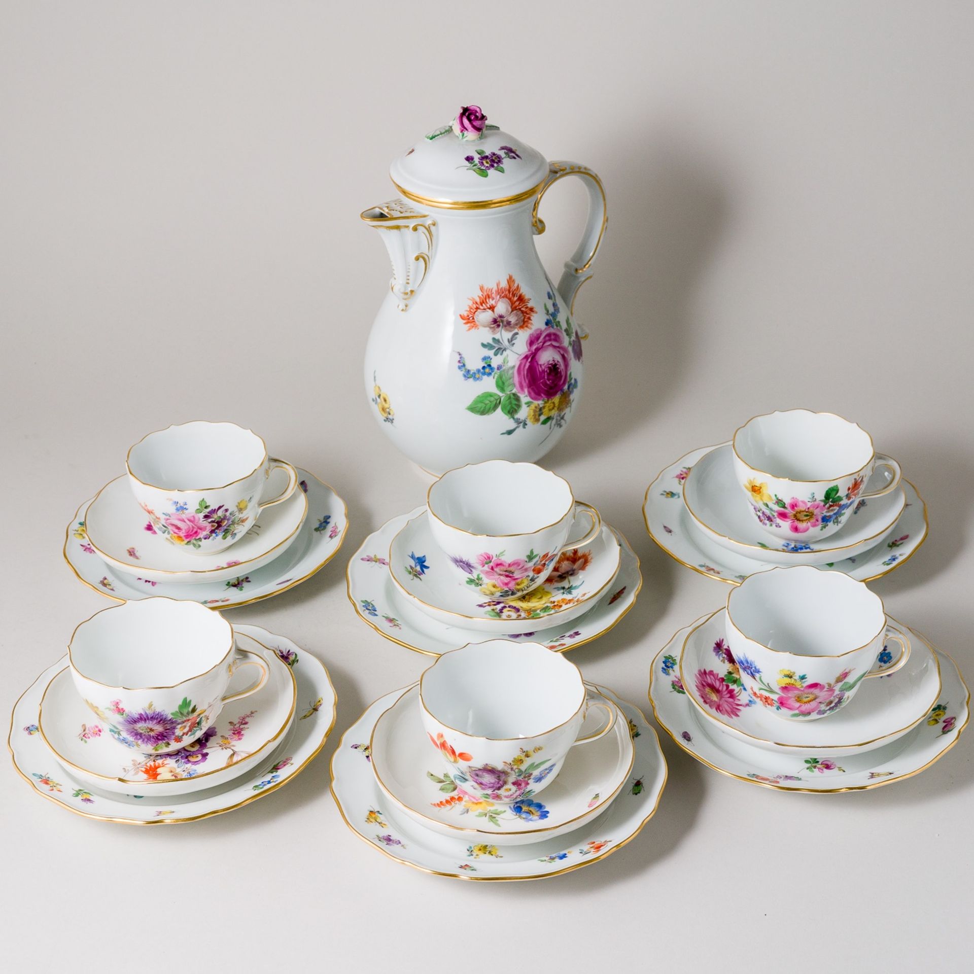 Meissen Kaffeeservice 6 Personen 19 Teile Bunte Blume Bukett Pfeifferzeit