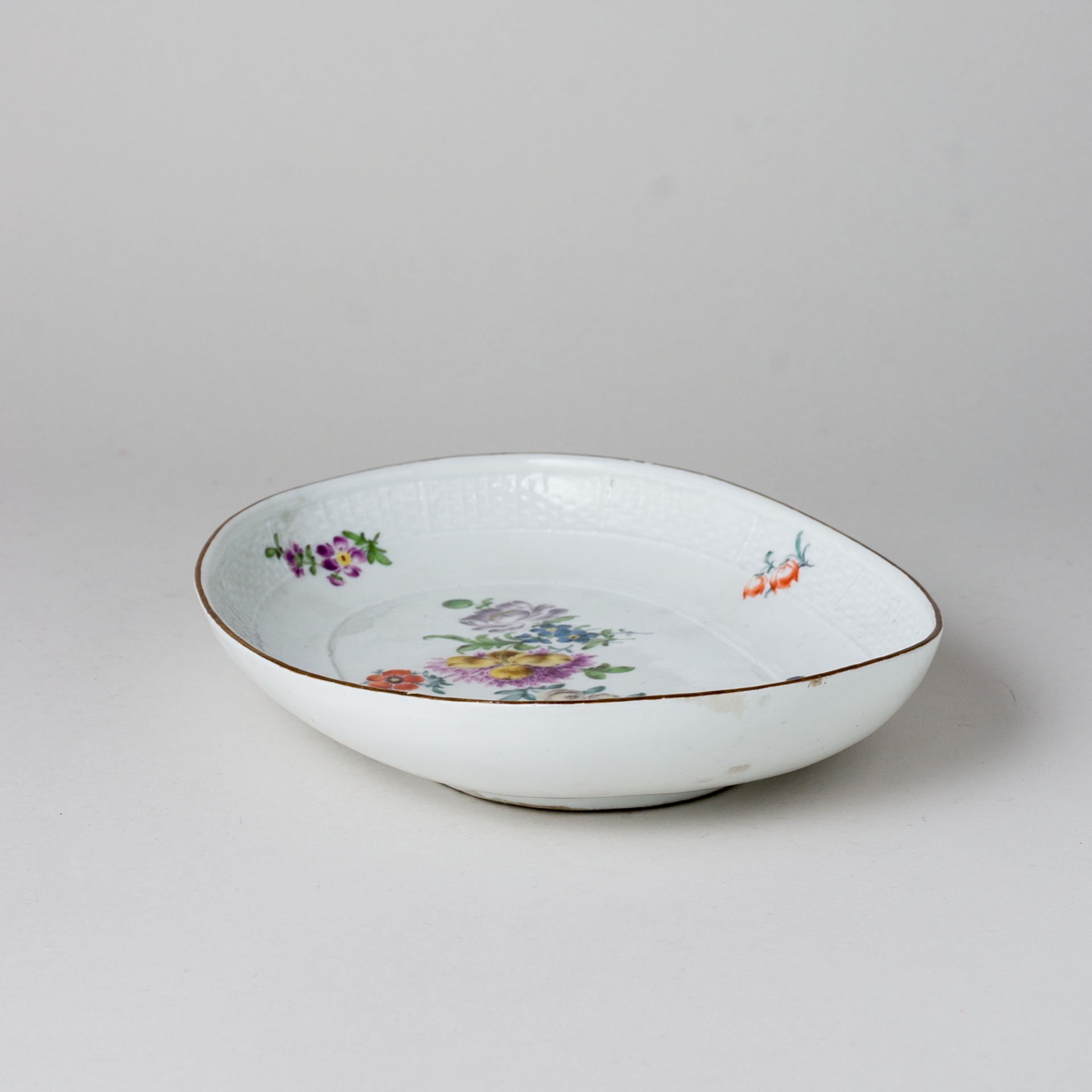 Meissen Schale oval Ozier-Relief Bunte Blume Bukett 1. Wahl vor 1765 - Image 4 of 10