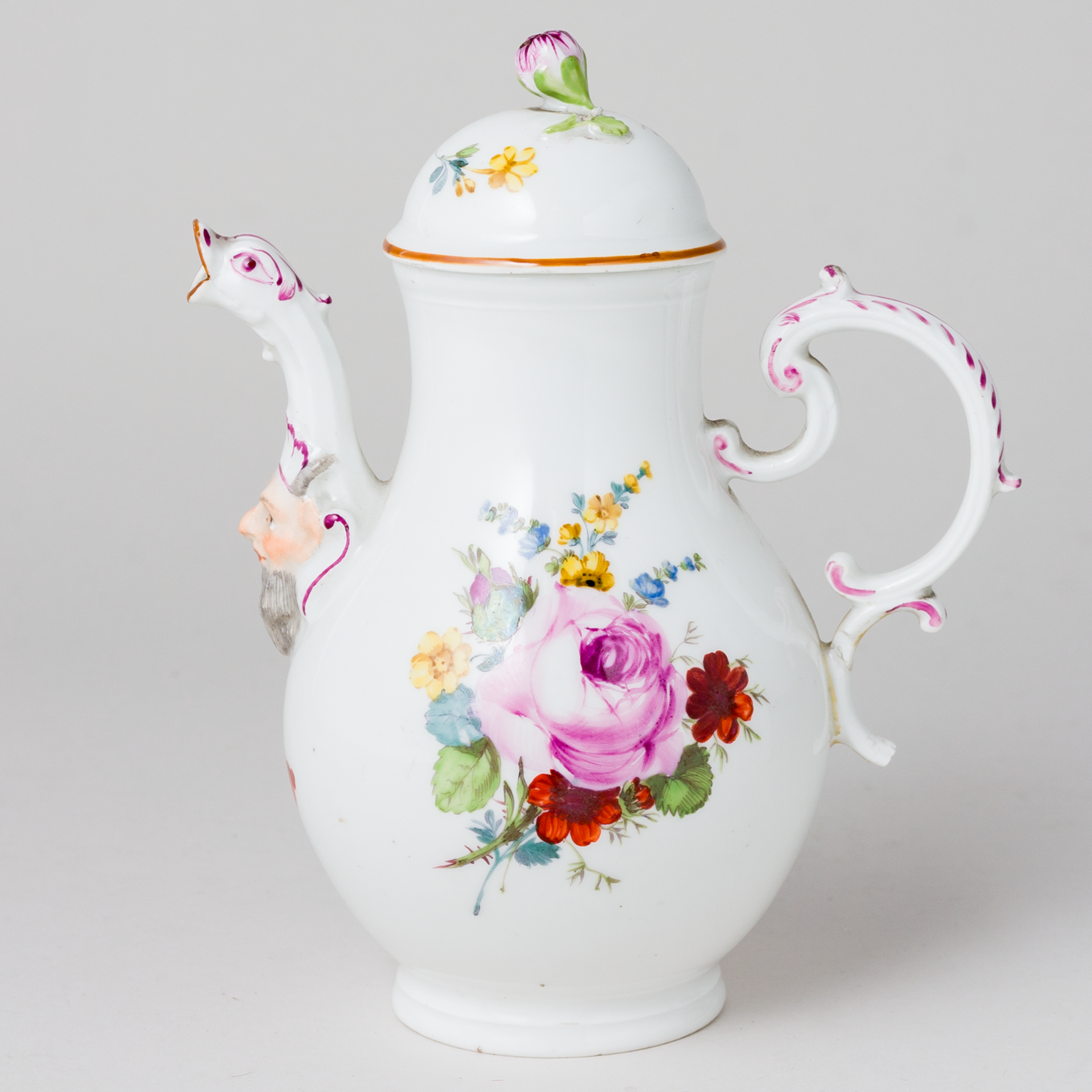 Meissen Kanne mit Maskaron Bunte Blume Bukett 1. Wahl Marcolini