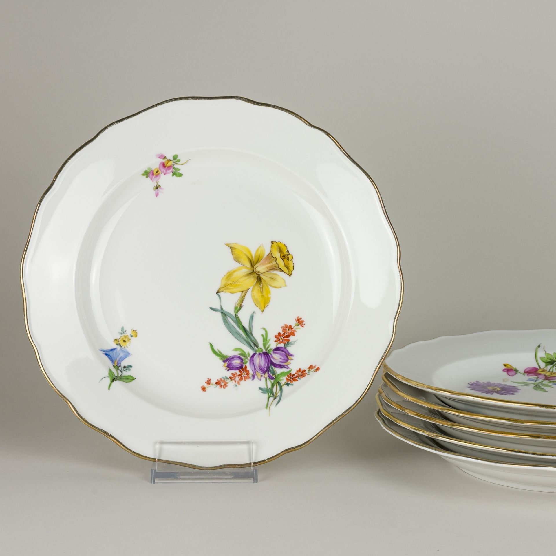 Meissen 6 x Speiseteller Bunte Blume 3 schräg 25,5 cm 4. Wahl