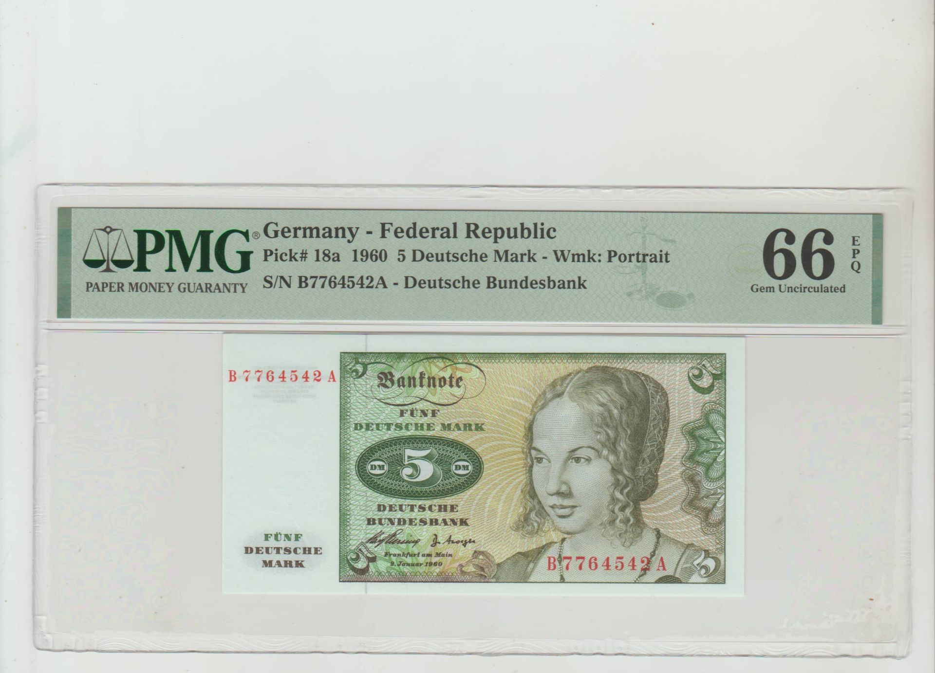 Germany,  5 Deutsche Mark, 1960 year, PMG 66