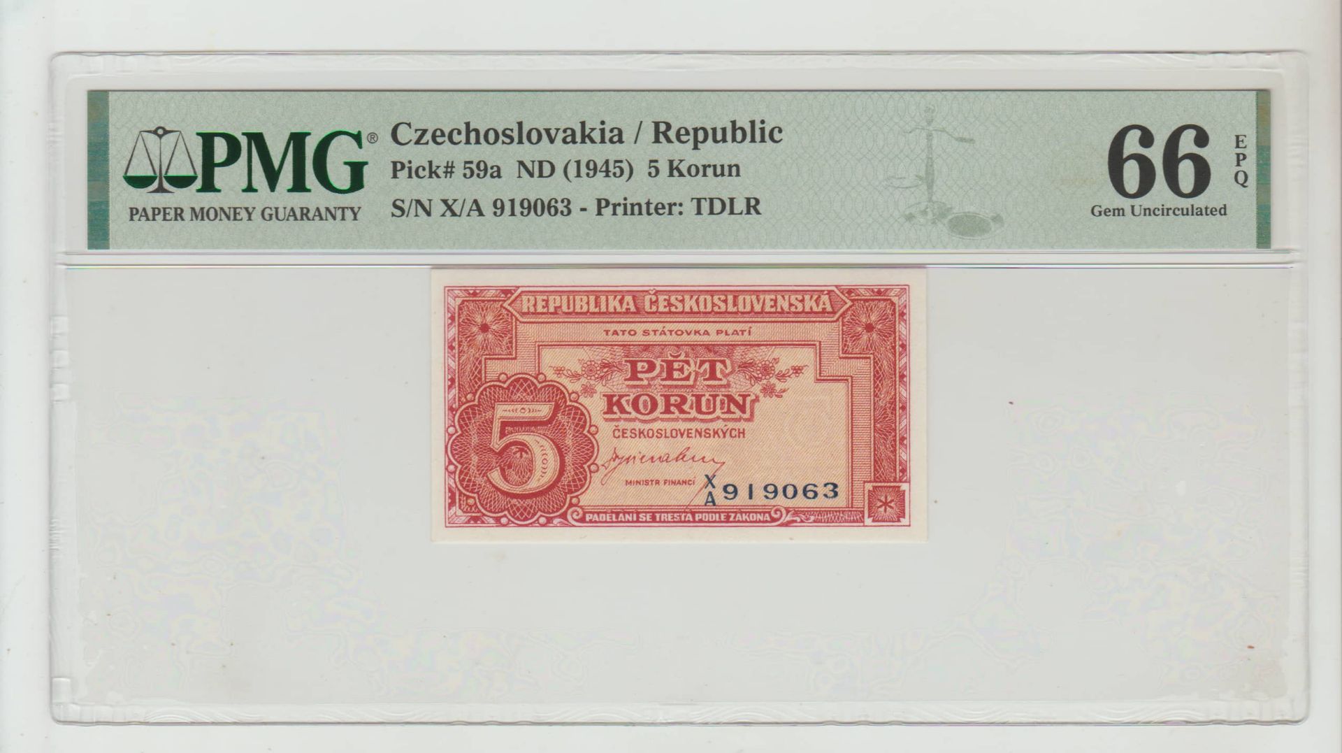 Czechoslovakia, 5 Korun, 1945 year, PMG 66
