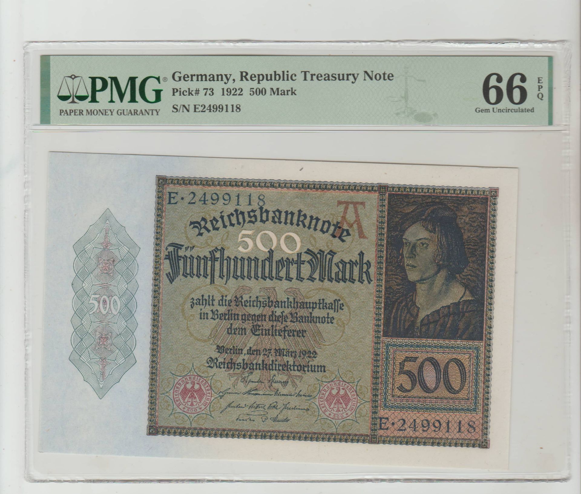 Germany, 500 Mark, 1922 year, PMG 66