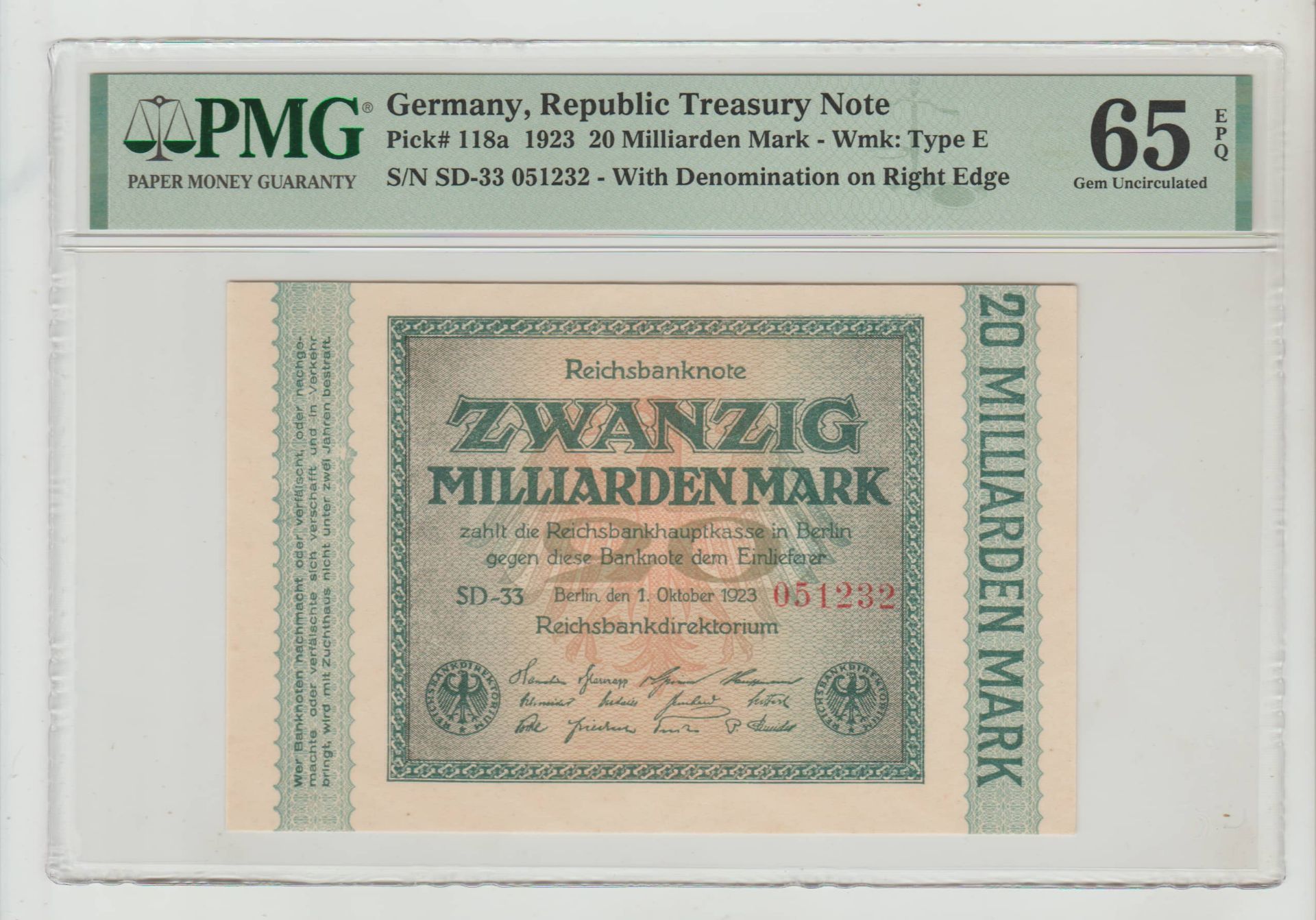 Germany, 20 Milliarden Mark, 1923 year, PMG 65