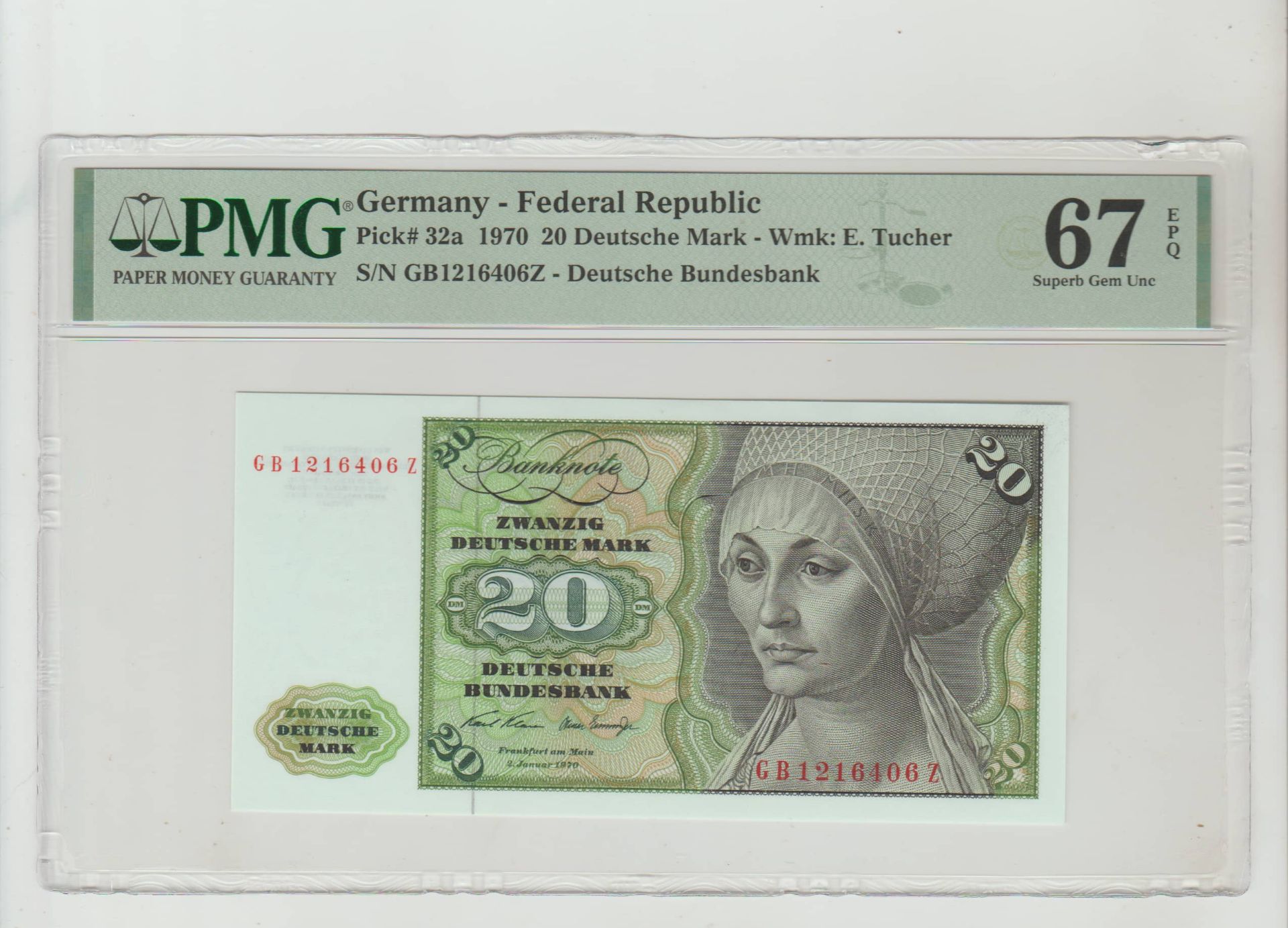 Germany,  20 Deutsche Mark, 1970 year, PMG 67