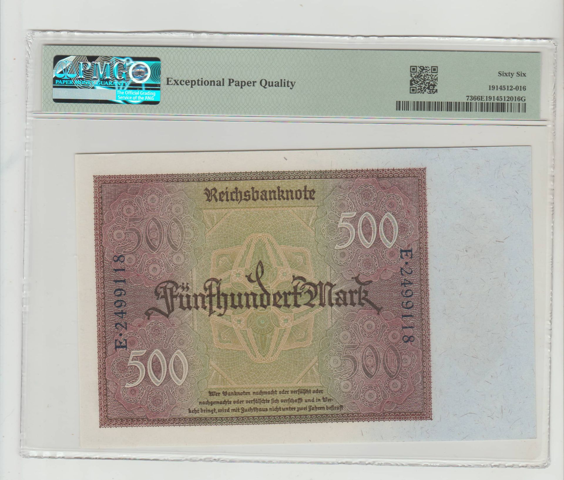 Germany, 500 Mark, 1922 year, PMG 66 - Image 2 of 2