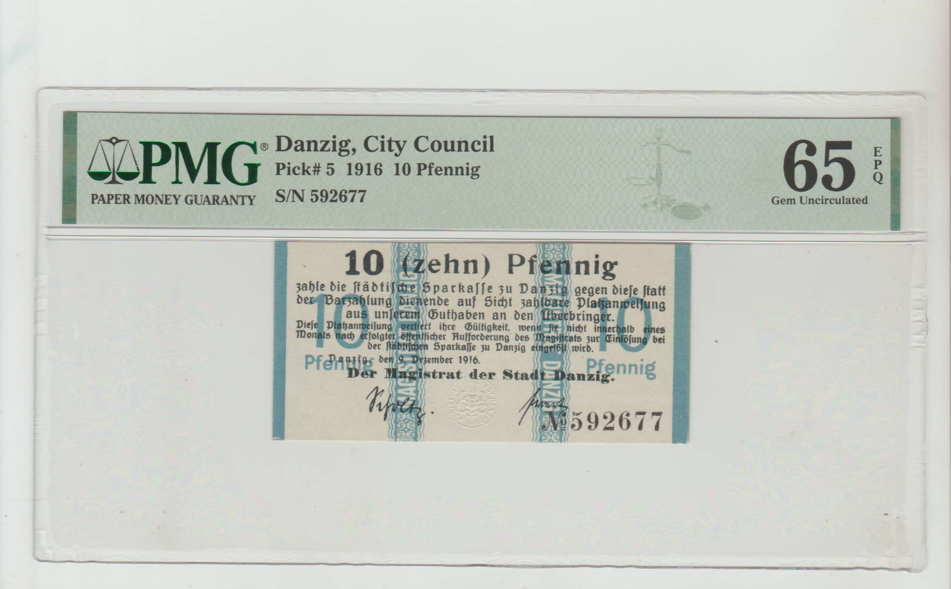 Danzig, 10 Pfennig, 1916 year, PMG 65