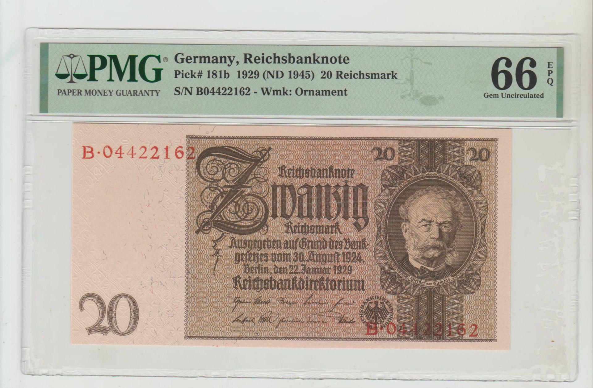 Germany, 20 Reichsmark, 1929 year, PMG 66