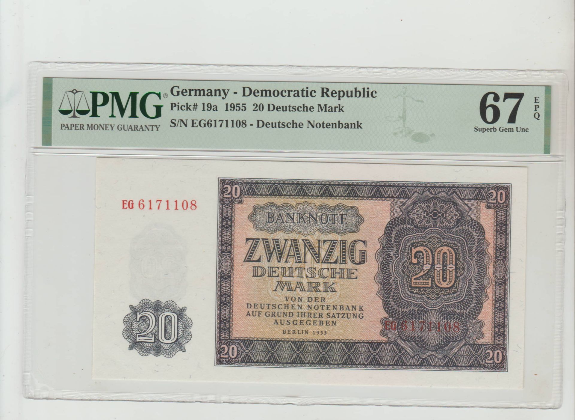 Germany, 20 Deutsche Mark, 1955 year, PMG 67