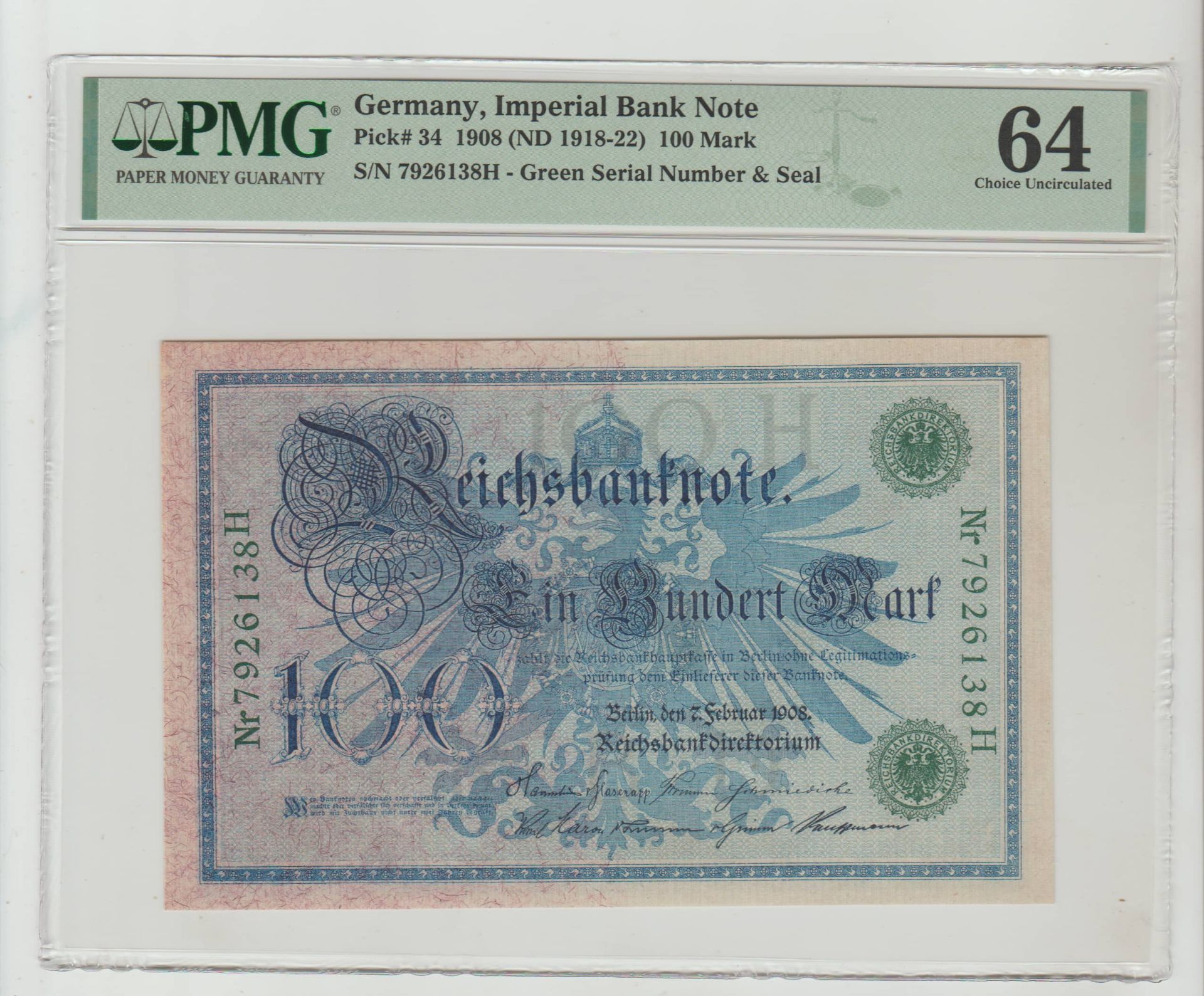 Germany, 100 Mark, 1908 year, PMG 64