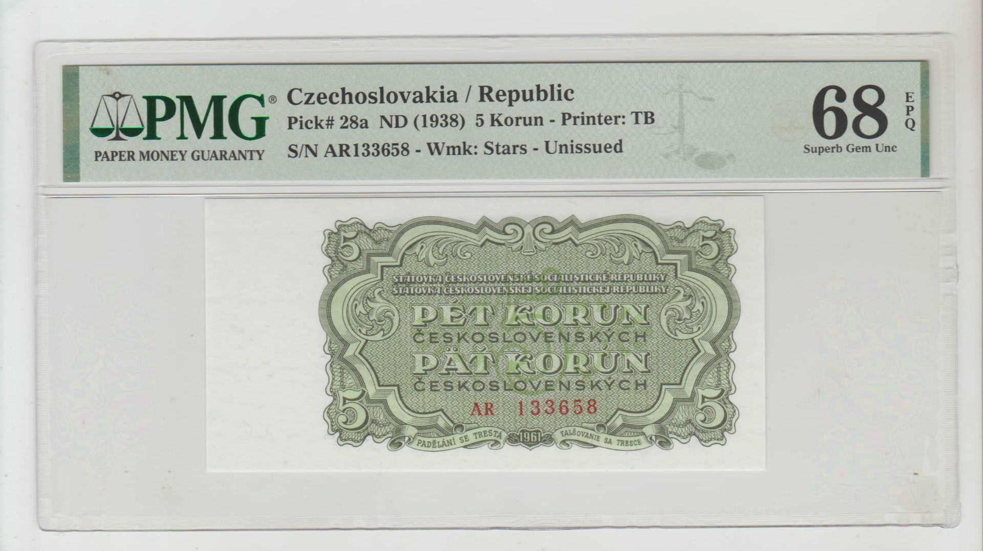 Czechoslovakia/Republic, 5 Korun, 1938 year, PMG 68