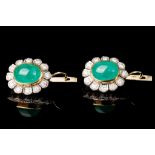 Gold Earrings with Large Cabochon Emeralds and Diamonds.