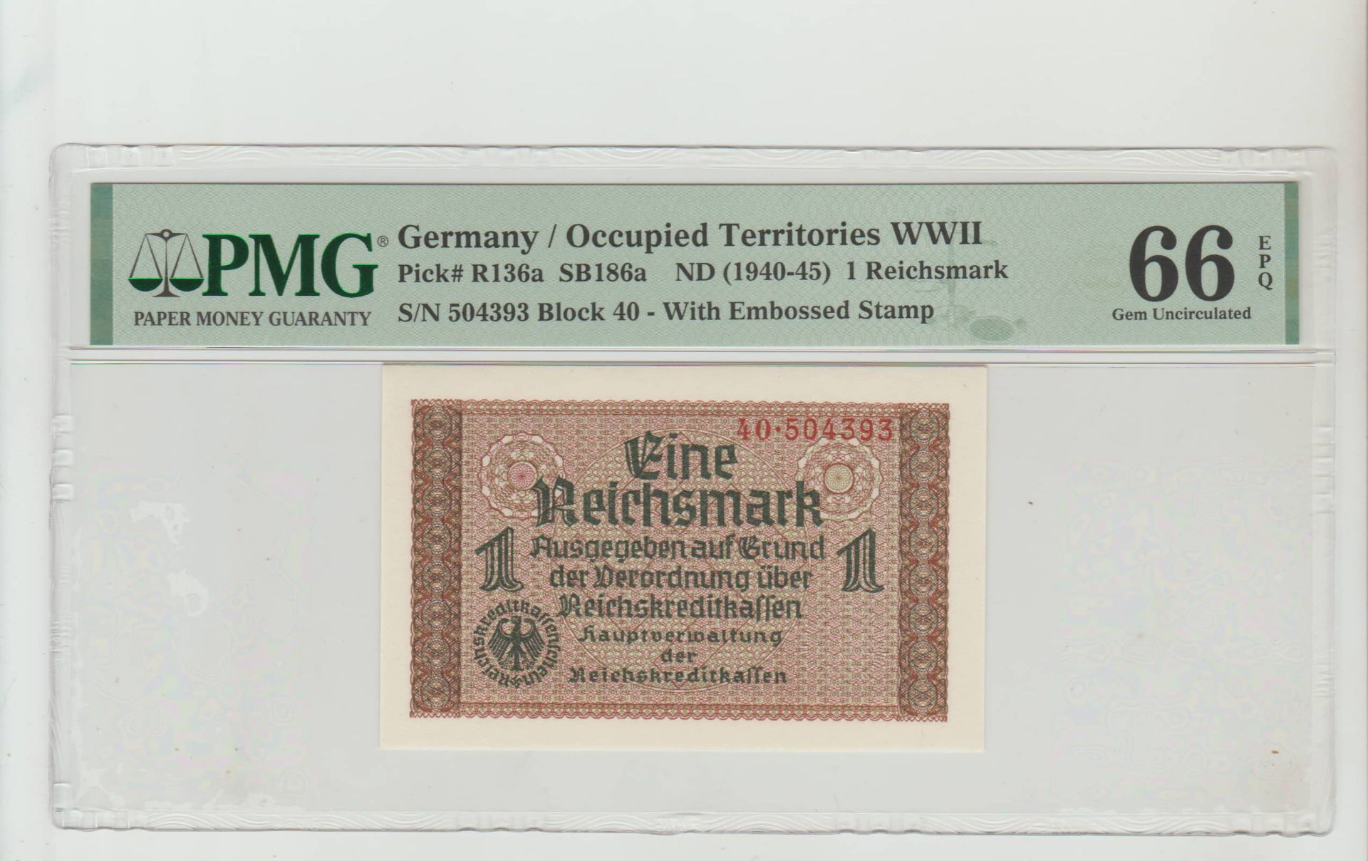 Germany, 1 Reichsmark, 1940 year, PMG 66