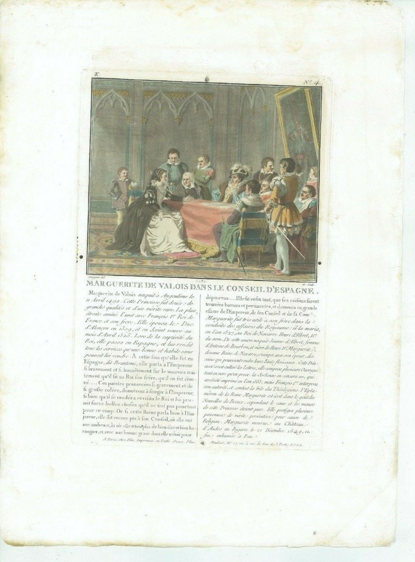 17th Old Print Antique Original Color Gravure Marguerite Valois Inquistion 1787