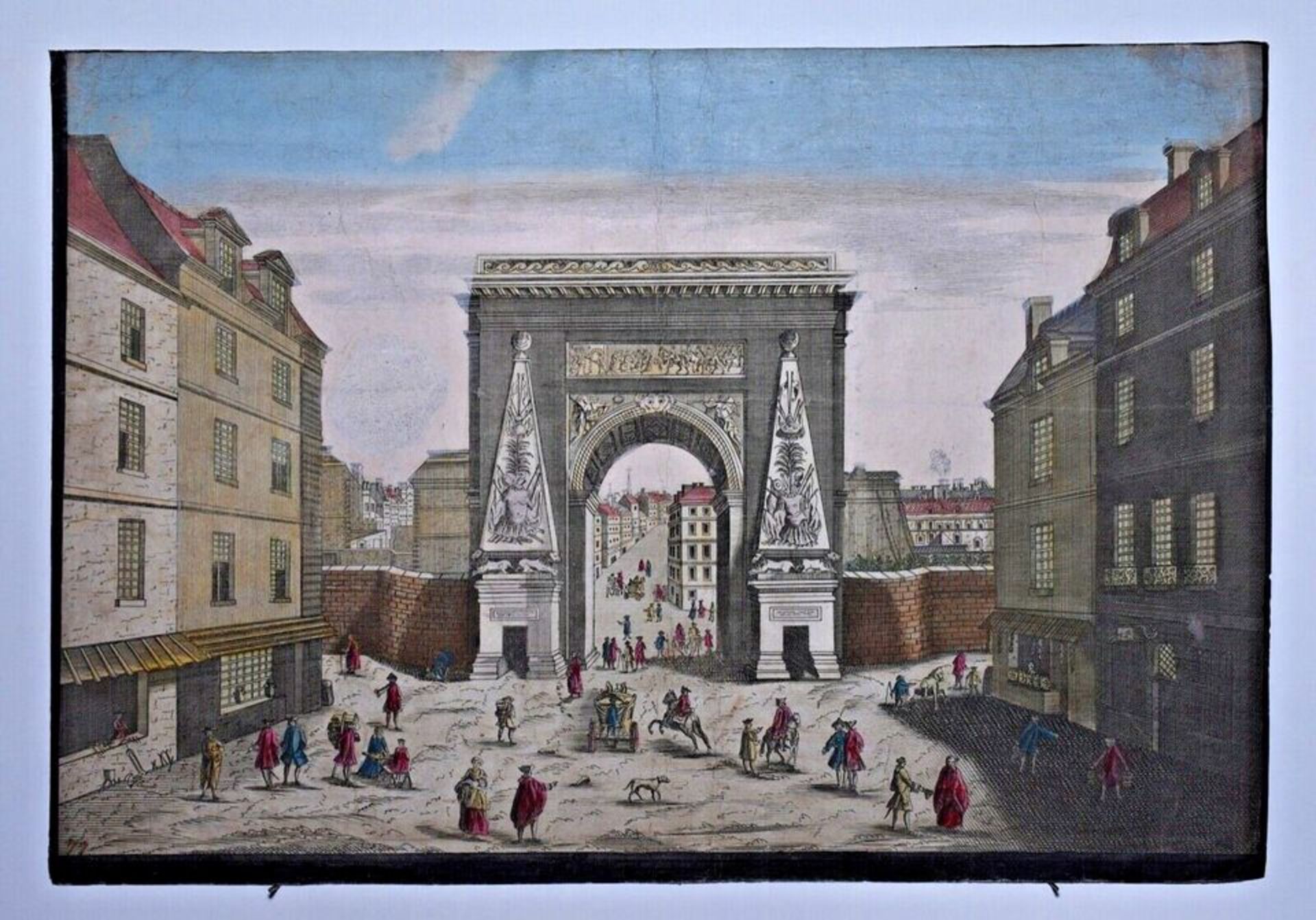 17th Art Old Print Engraving Color Gravure Fomous Triumphal Arch In Paris France