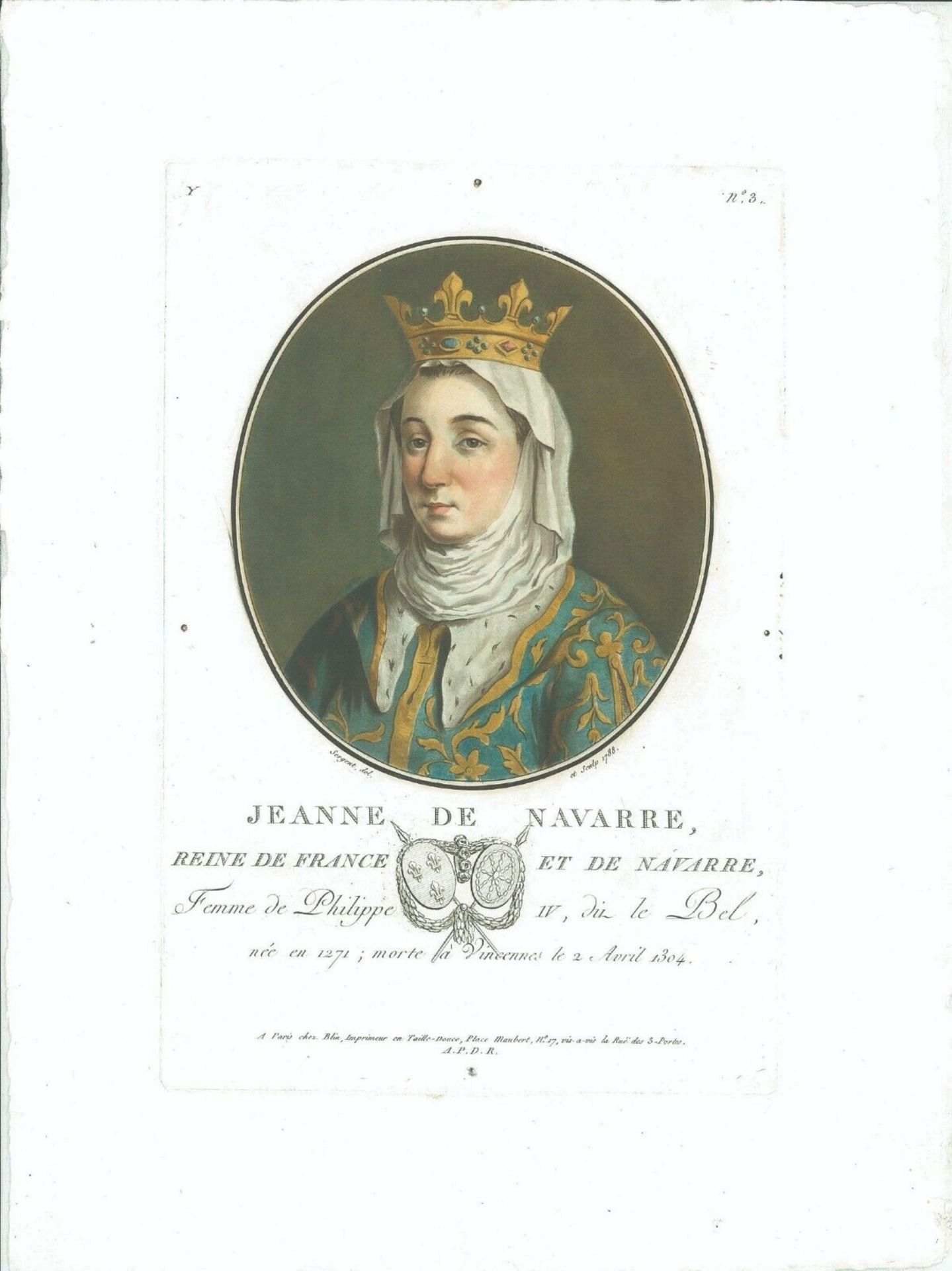 17th Old Print Antique Original Color Gravure Jeanne De Navarre Reine De France