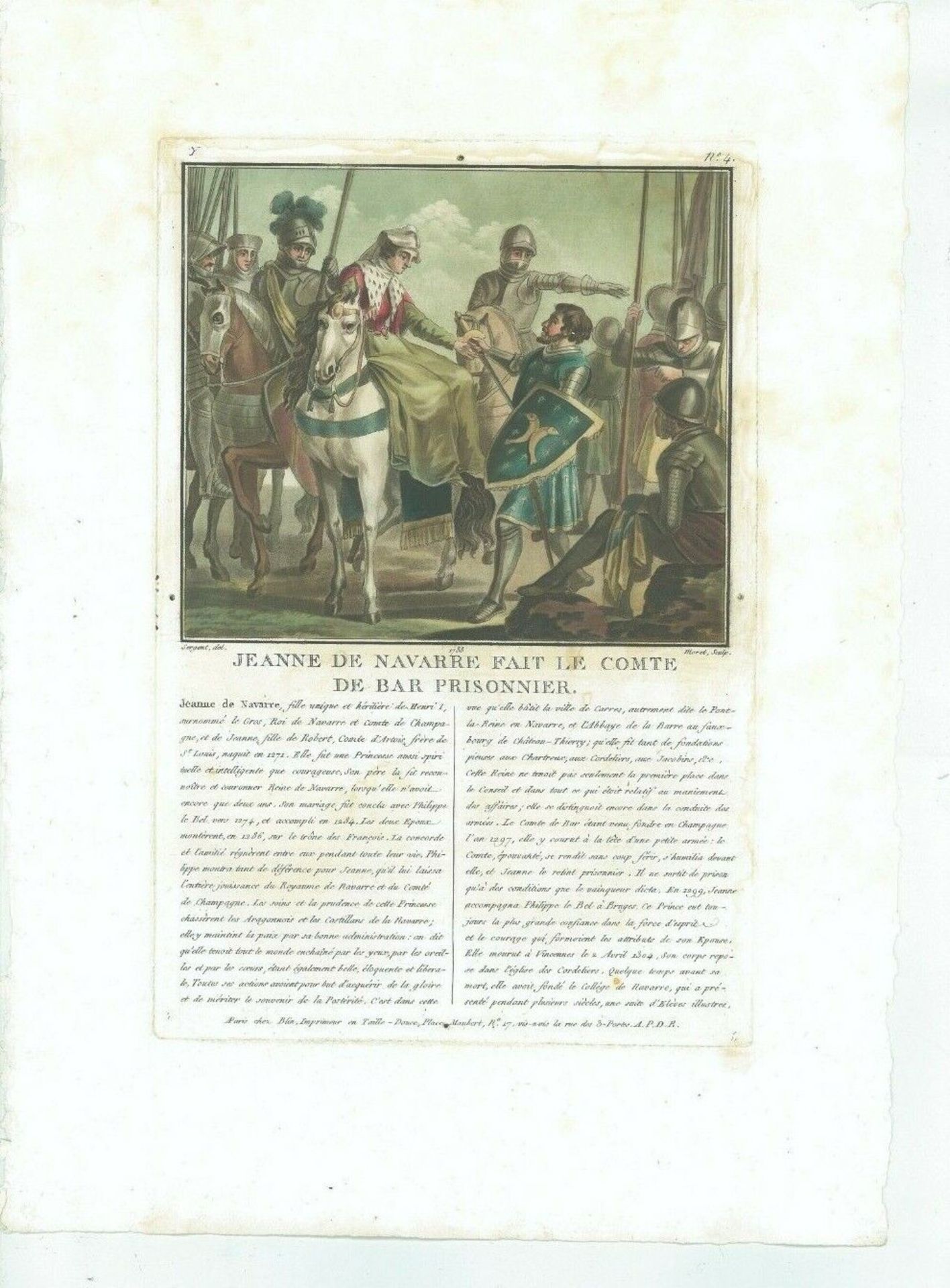17th Old Print Antique Original Color Gravure Jeanne Navarre Bar Prisoner 1787
