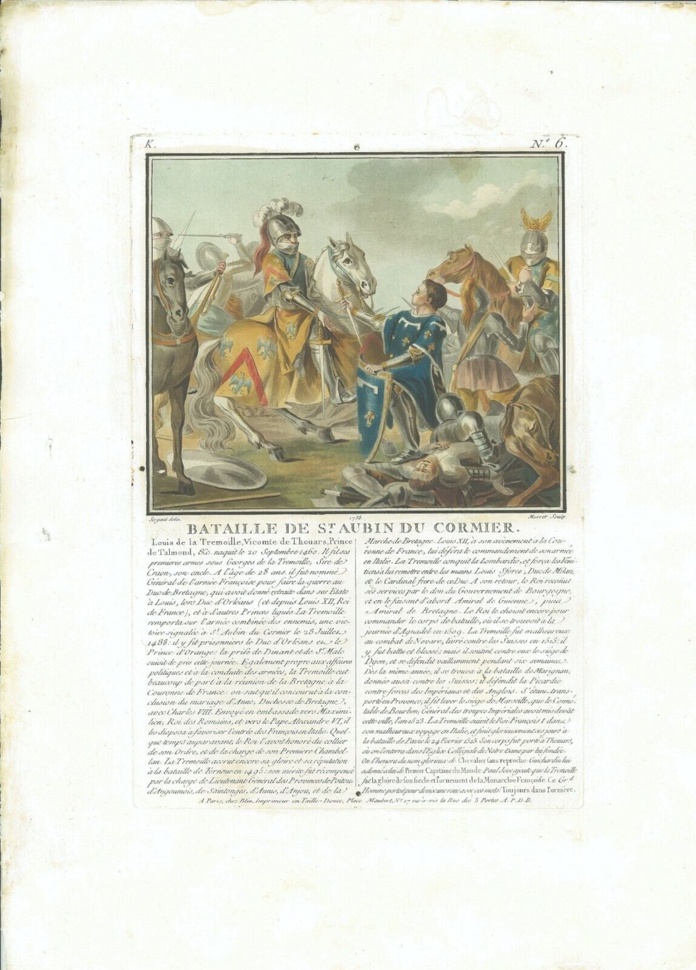 17th Old Print Antique Original Color Gravure Battle St Aubin Du Cormier 1488